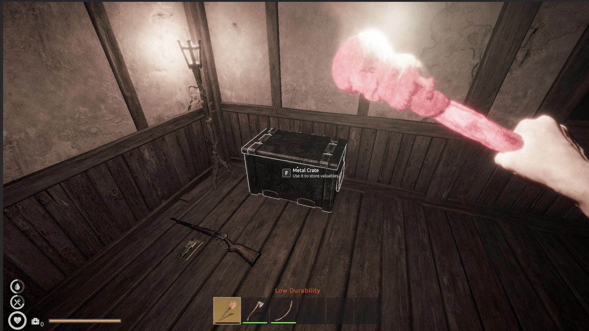 No Way Back: Exploring dark wooden room with a metal crate, rifle on floor, and torch in hand