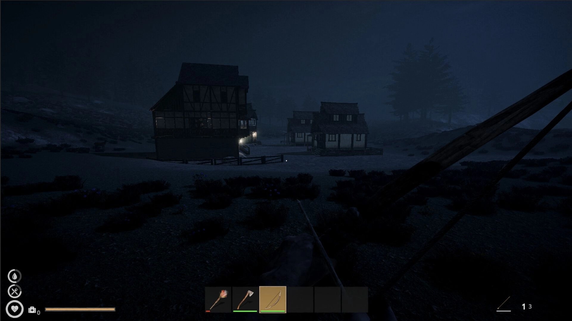 No Way Back: Nighttime village view with player aiming a bow, inventory and health icons visible