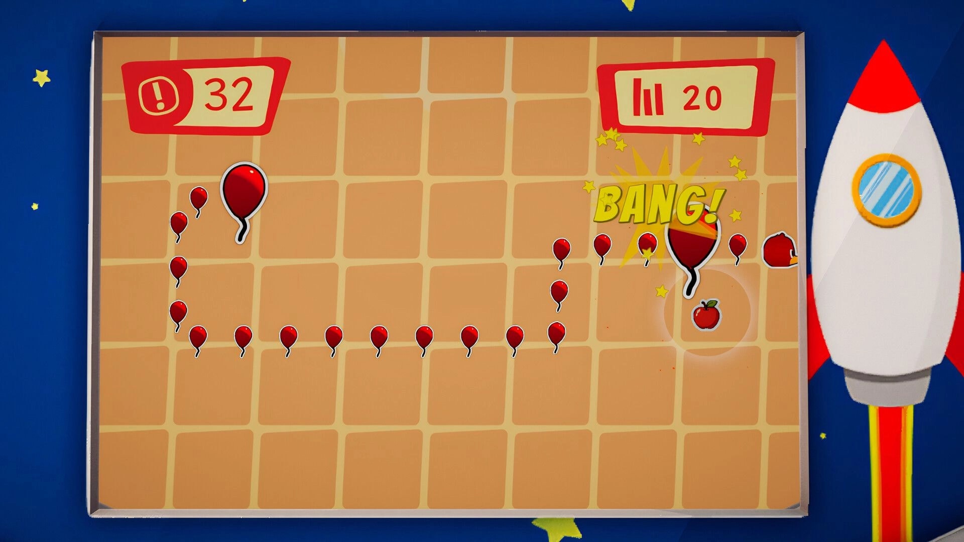 No Wings Required: Balloon snake minigame with BANG pop and score counters on a tiled board screen.