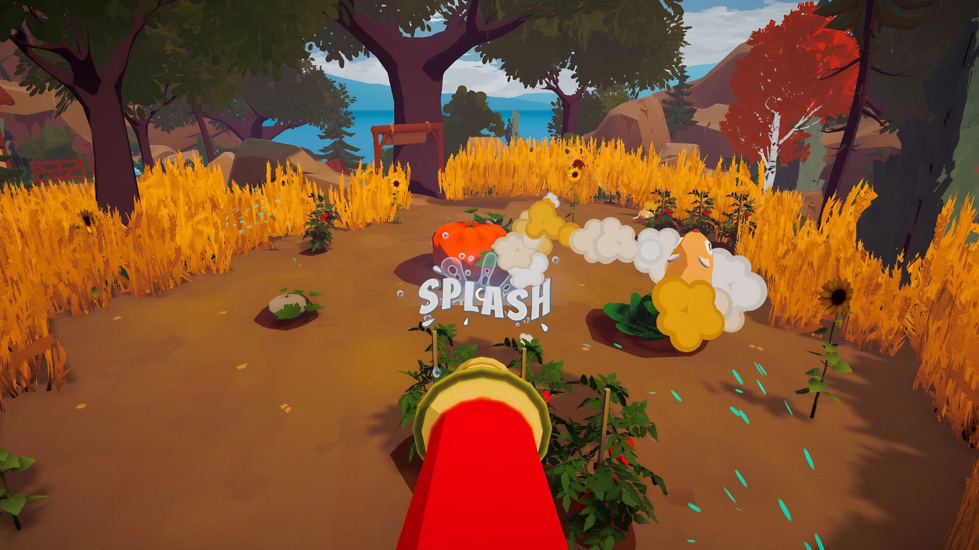 No Wings Required: First-person water blast hits a character with SPLASH text in grassy grove path.