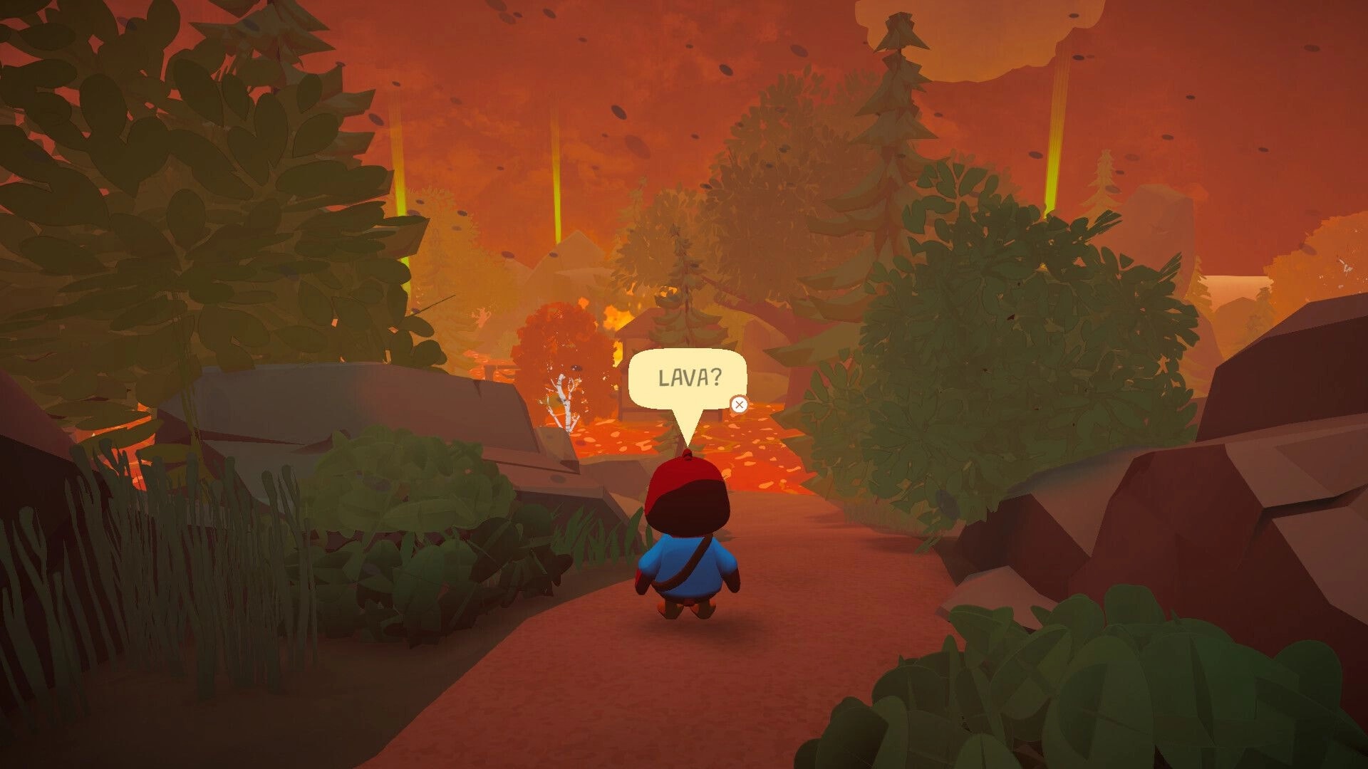 No Wings Required: Duck character on cliff path with “LAVA?” speech bubble over glowing lava valley.