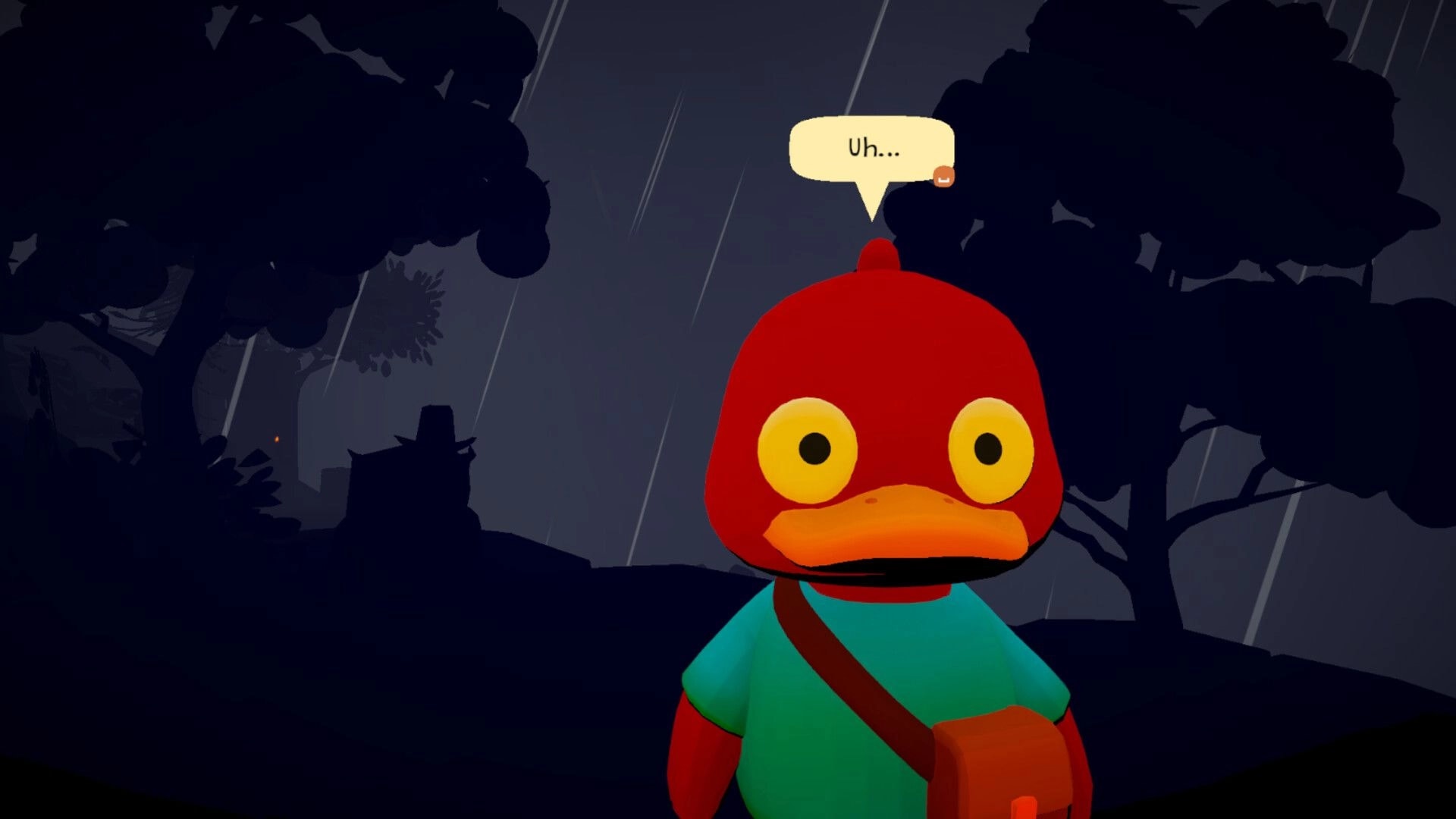 No Wings Required: Close-up of wide-eyed duck with “Uh...” speech bubble in rainy forest at dusk.