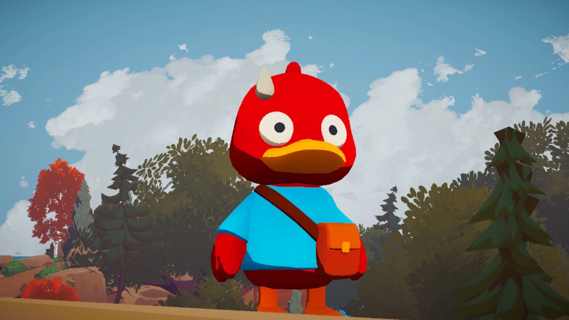 No Wings Required: Close-up of red duck in blue shirt and satchel standing in a forest clearing sky backdrop.