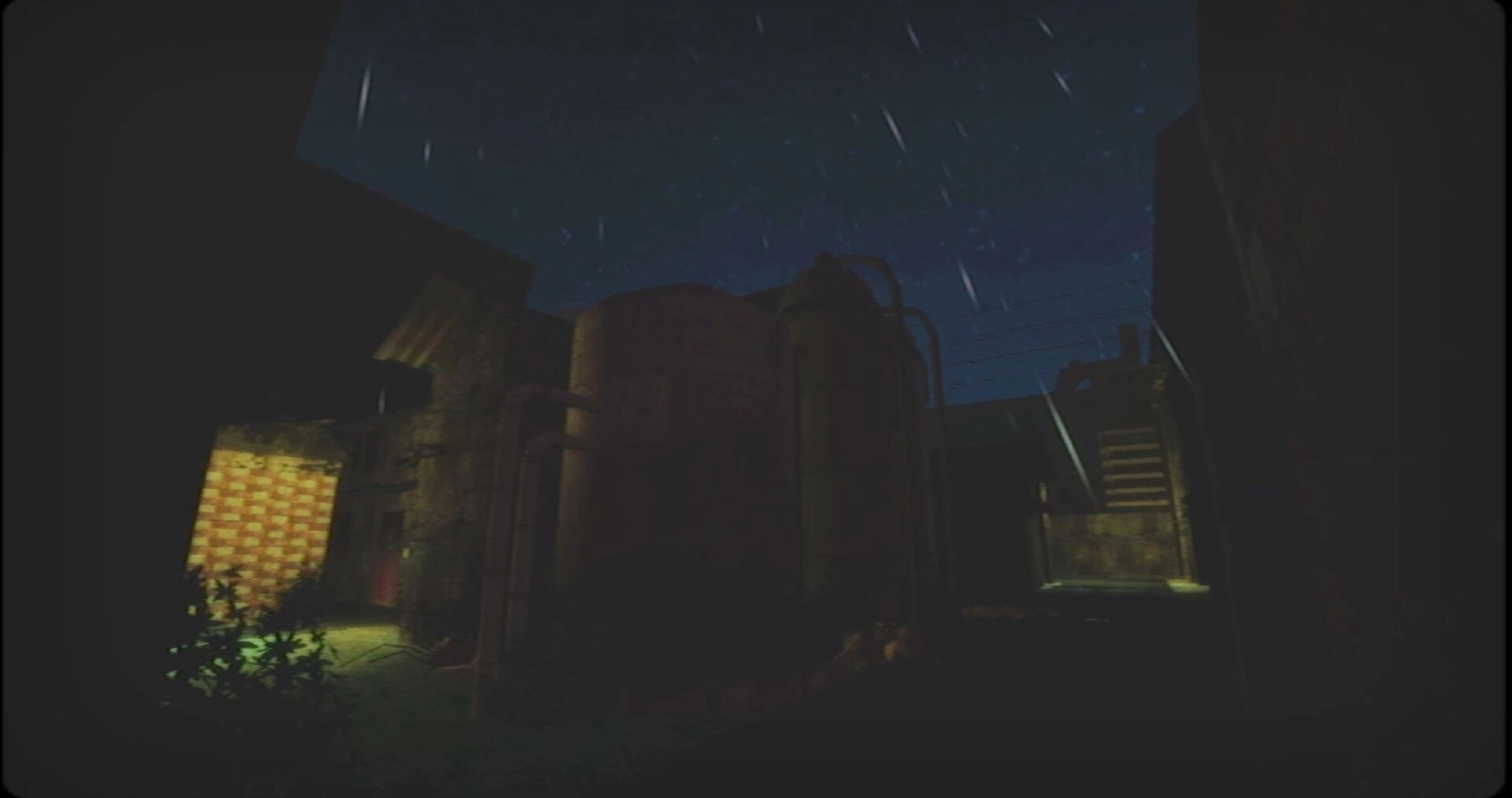 四号对象 Object 4: Rainy night alley with large tanks and pipes, dim lights, stairs leading upward ahead.