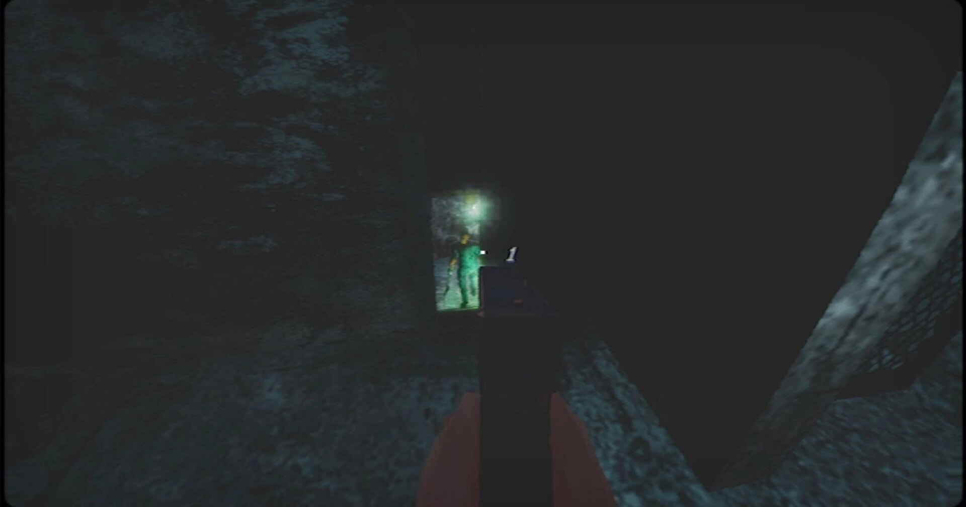 四号对象 Object 4: First-person aiming a pistol at a glowing green figure in a narrow, dark rocky corridor UI ammo 1.