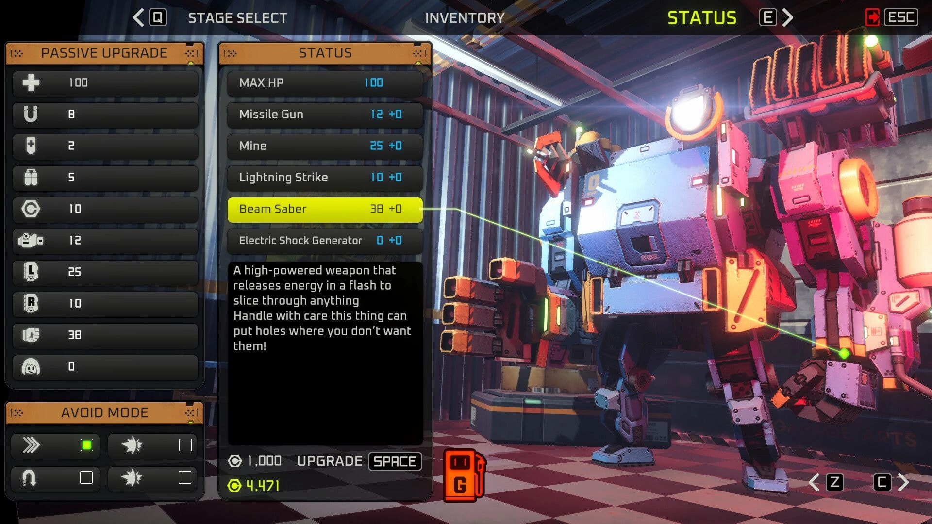Oh! Robot: Inventory status menu highlighting Beam Saber upgrade beside a huge mech in a workshop bay.