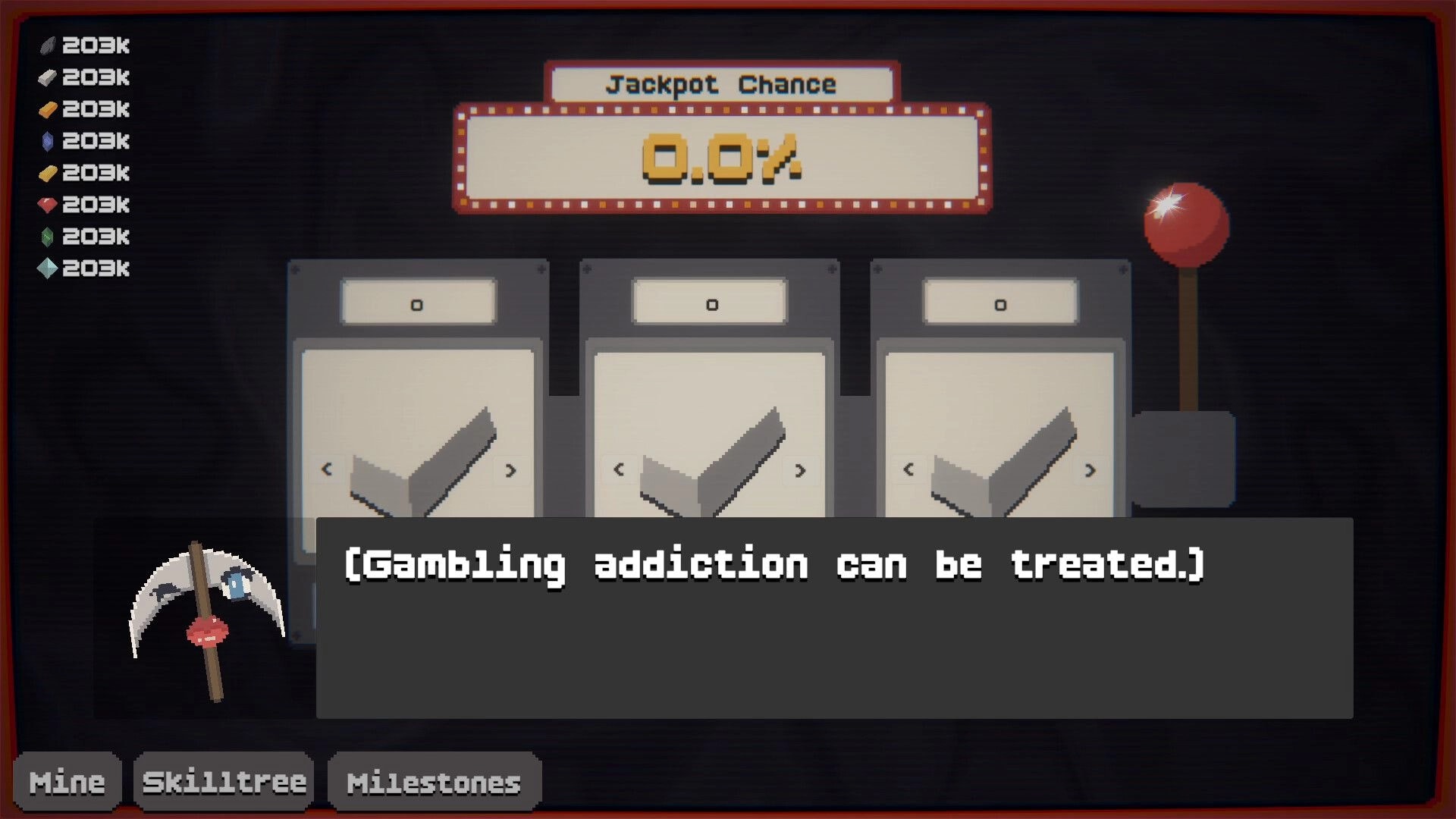 Ore & Odds: Jackpot Chance screen at 0.0% with three slot panels, resource totals, and warning text.