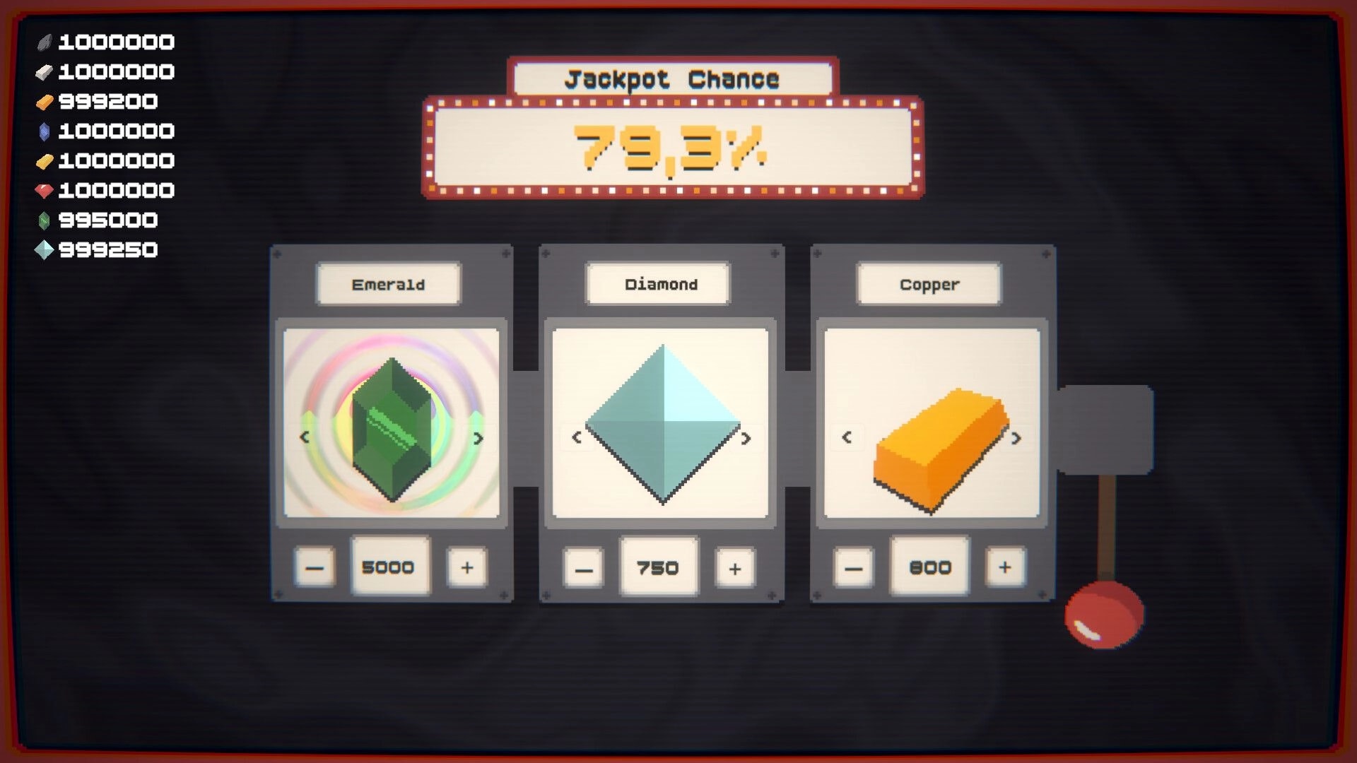 Ore & Odds: Jackpot Chance 79.3% UI with emerald, diamond, and copper slot panels and counters on left.