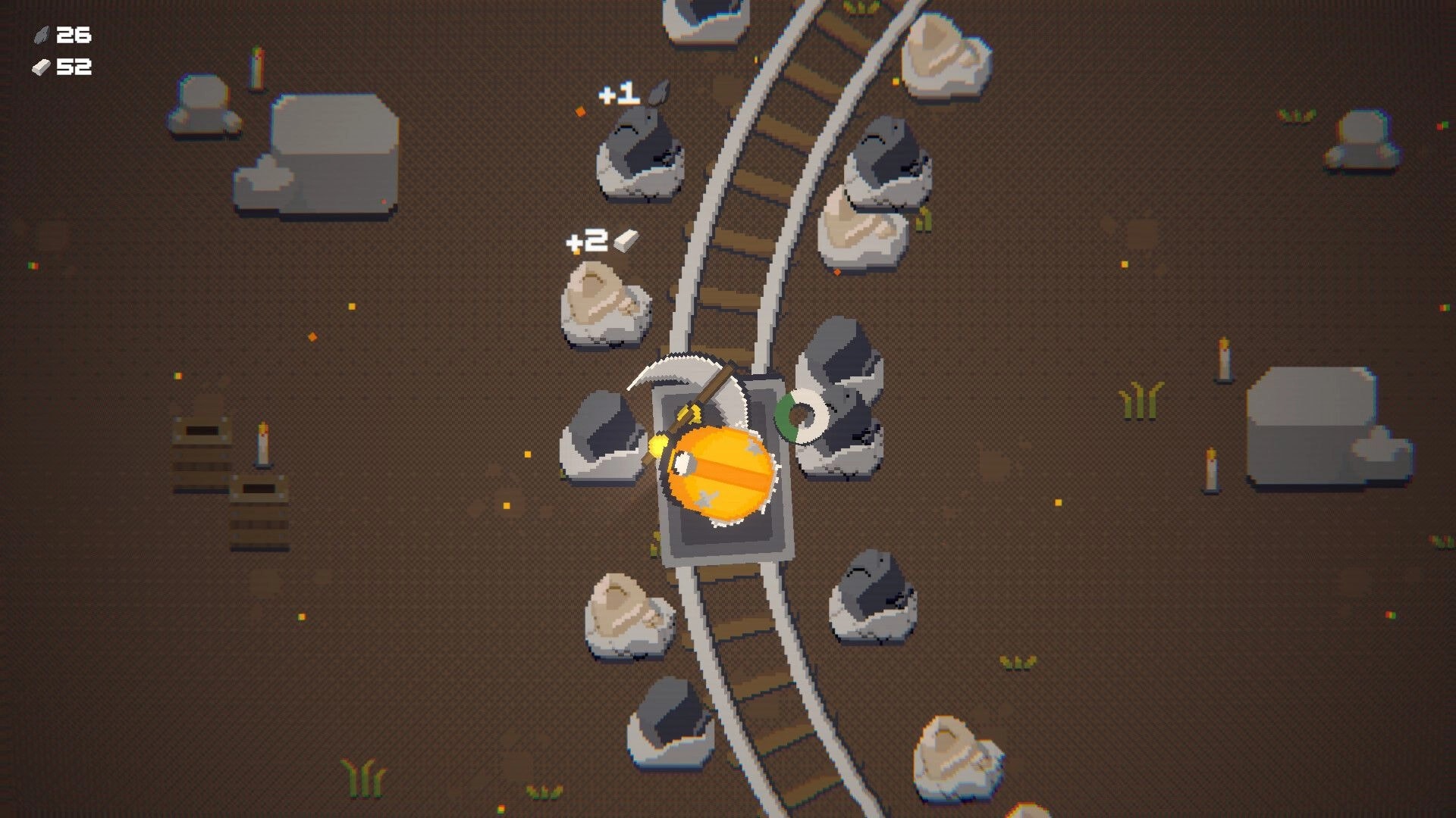 Ore & Odds: Mining cart drills rocks beside curved rail tracks, resource counters and +1/+2 popups.