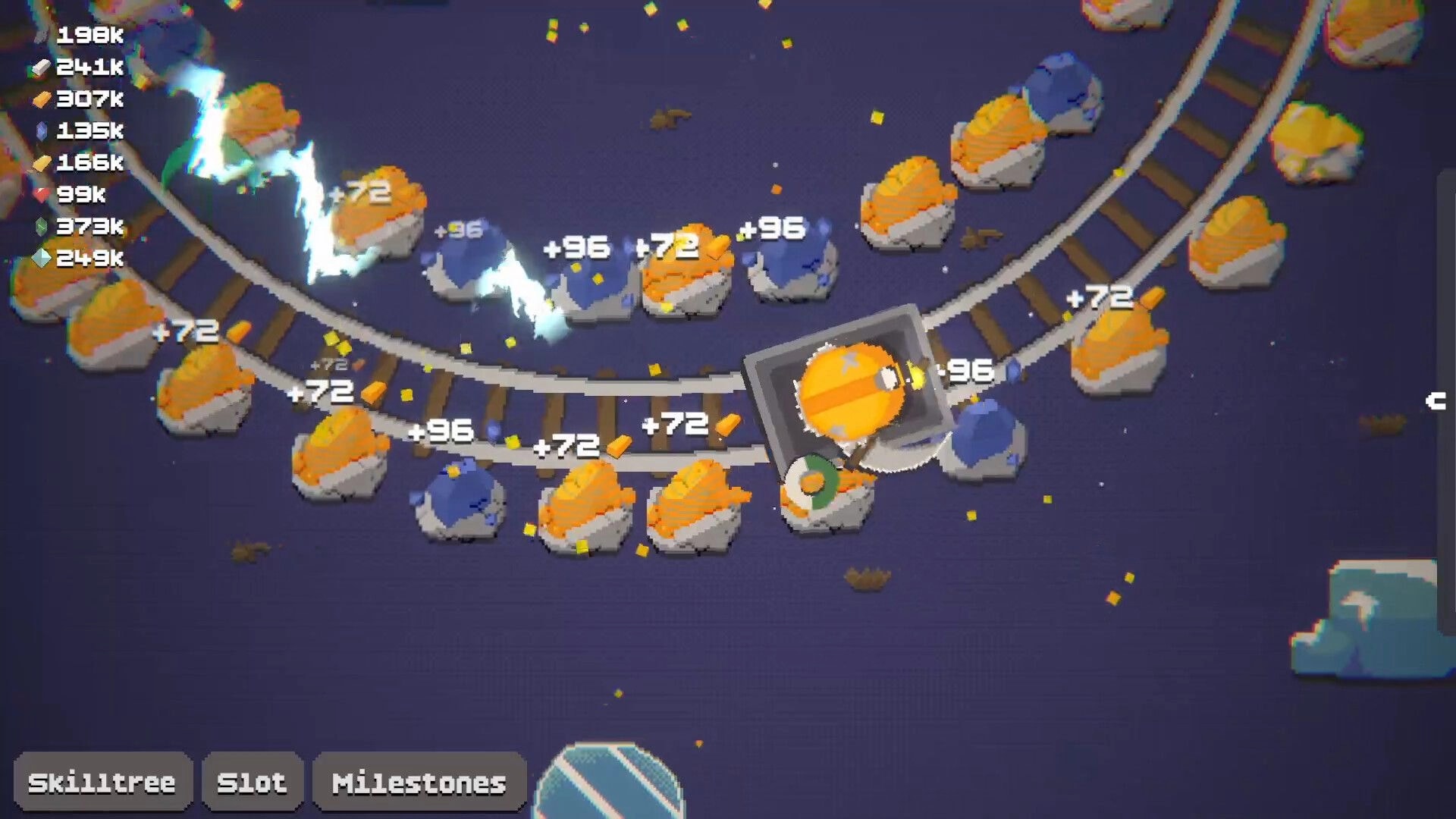 Ore & Odds: Mining drill cart collects ore nodes along looping rails, resource counters and buttons below.