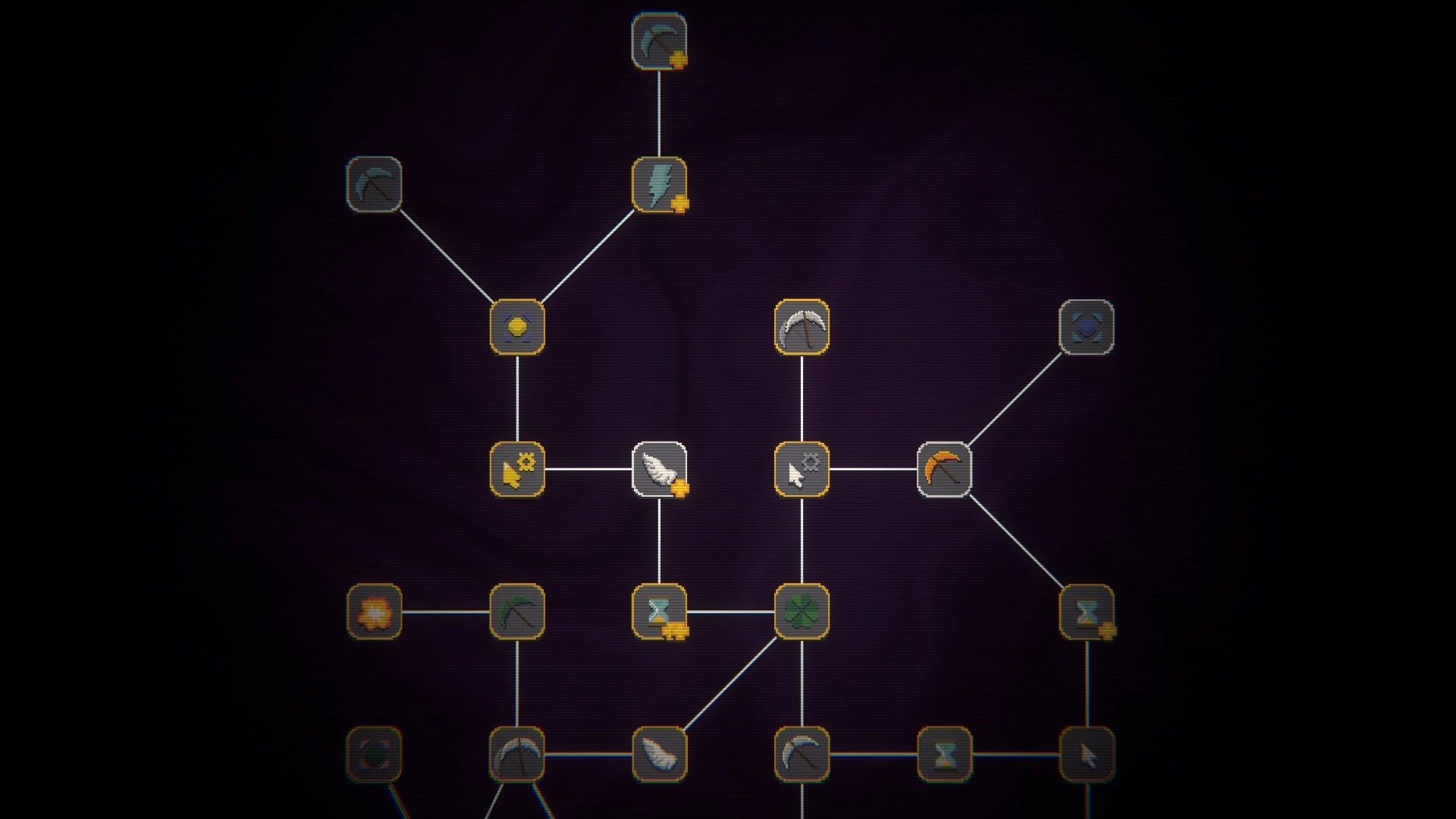 Ore & Odds: Upgrade skill tree with connected mining icons and perks on a dark purple menu screen.