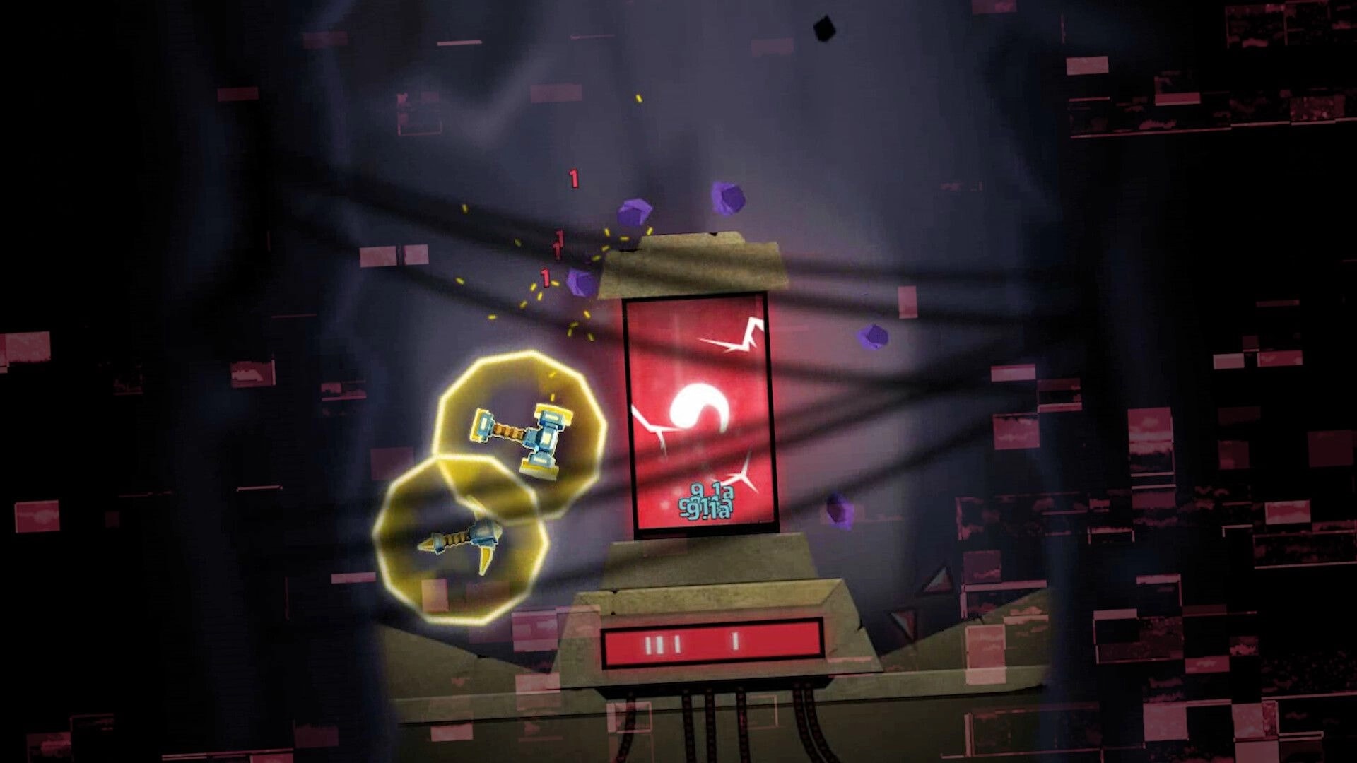 Orebits: Pickaxe bounces in yellow shields, chipping purple rocks near a red cracked monolith in space.