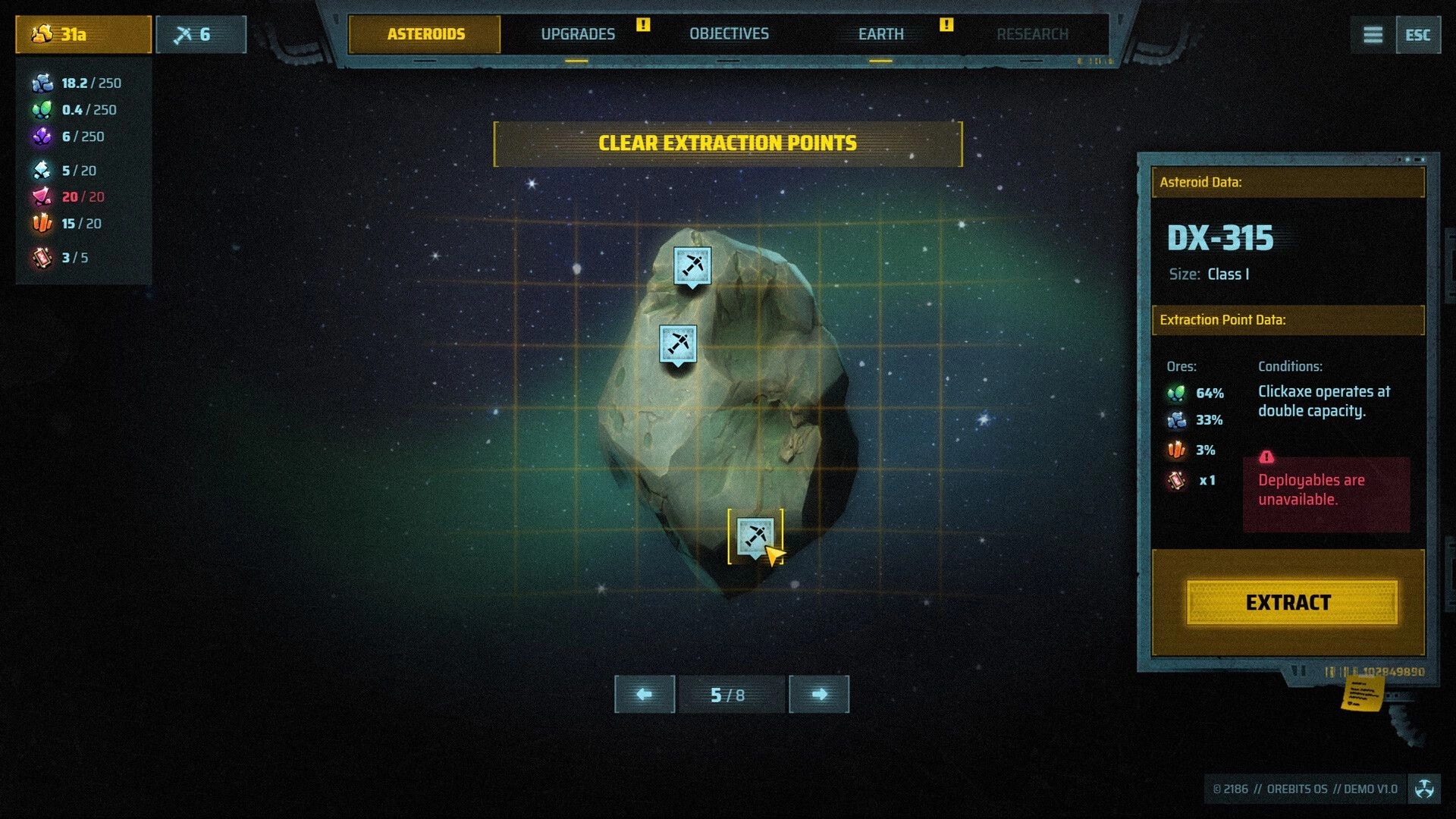 Orebits: Selecting extraction points on asteroid DX-315 with ore stats panel and Extract button in space.