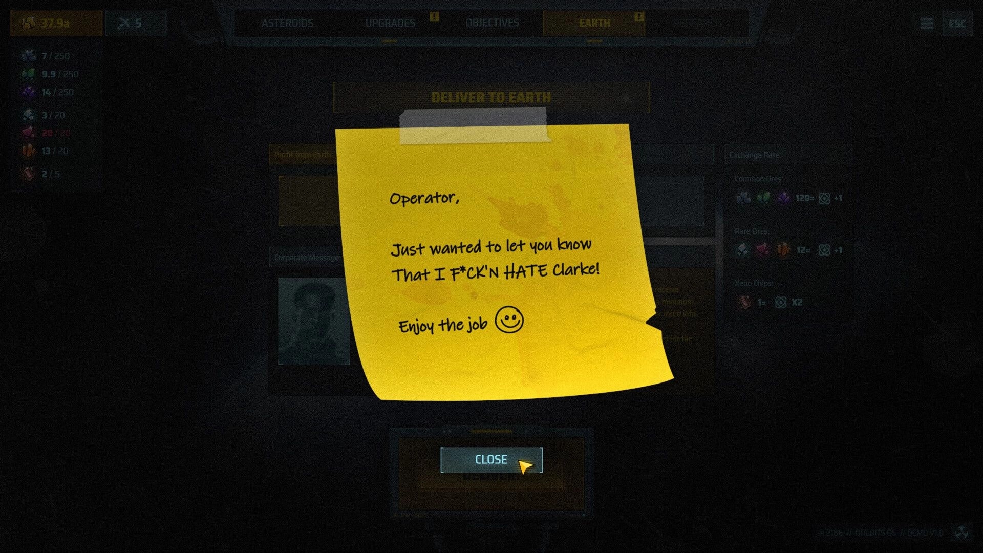 Orebits: Corporate message pop-up with angry sticky note over Deliver to Earth resource exchange screen.