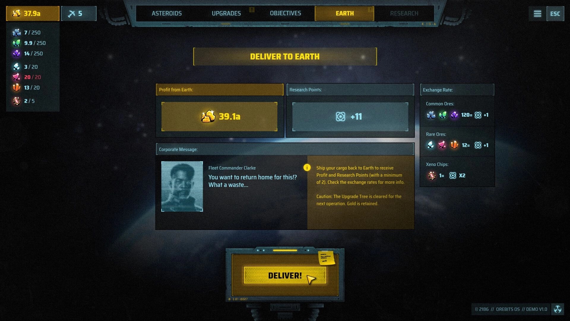 Orebits: Deliver to Earth menu with profit, research points, exchange rates, and DELIVER button in space.