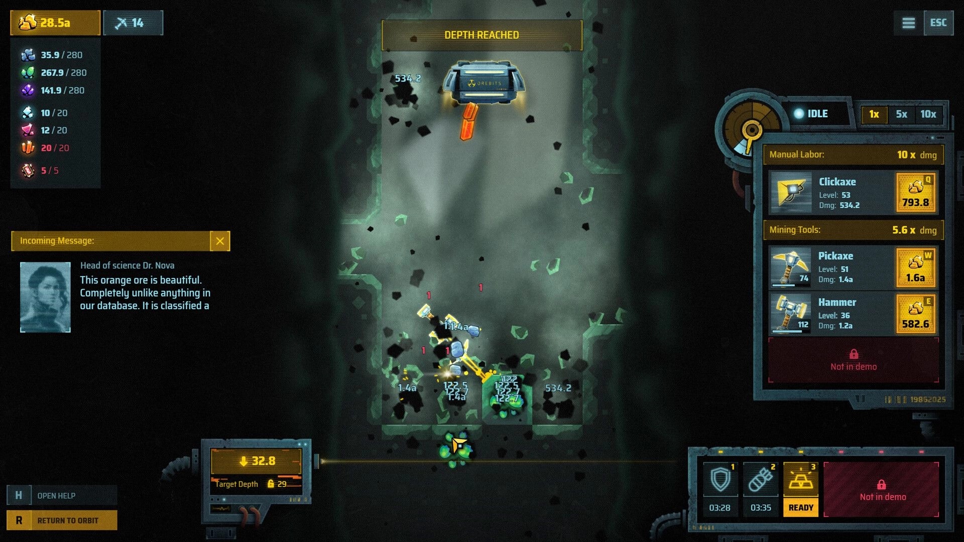 Orebits: Clickaxe mining screen with depth reached banner, tool upgrades panel, and ore debris tunnel.