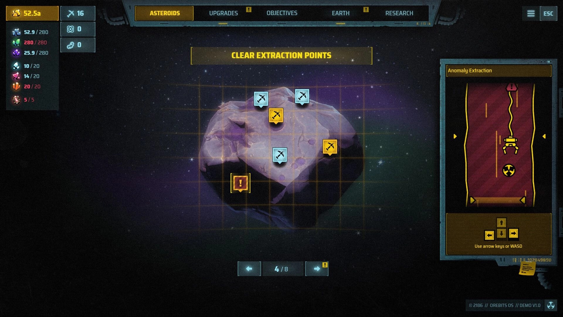Orebits: Clear extraction points map on asteroid grid with mining icons and anomaly extraction panel.