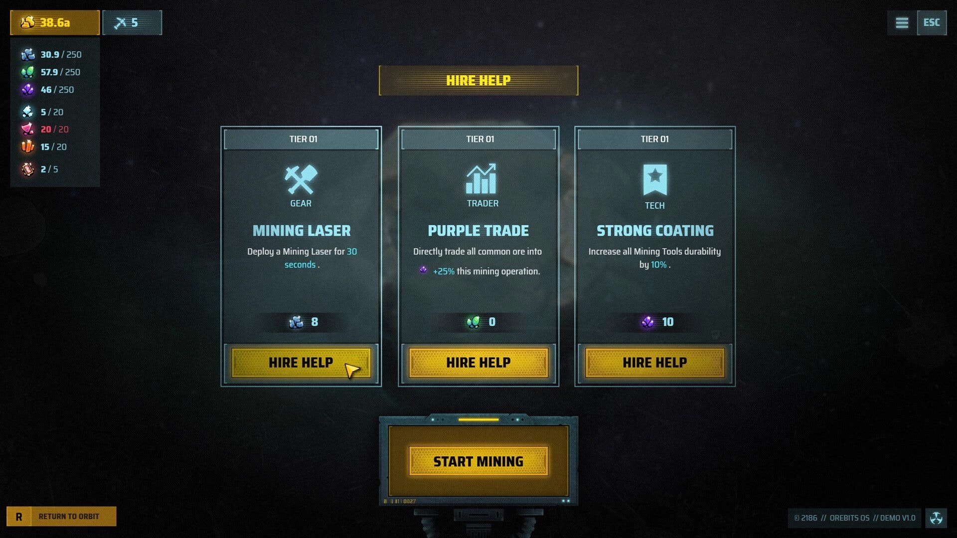 Orebits: Hire Help upgrade menu with three Tier 01 cards and Start Mining button on starfield UI.