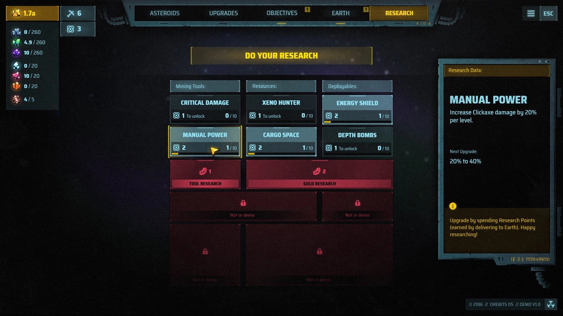 Orebits: Research menu selecting Manual Power upgrade in tech tree panels over a starry space UI.