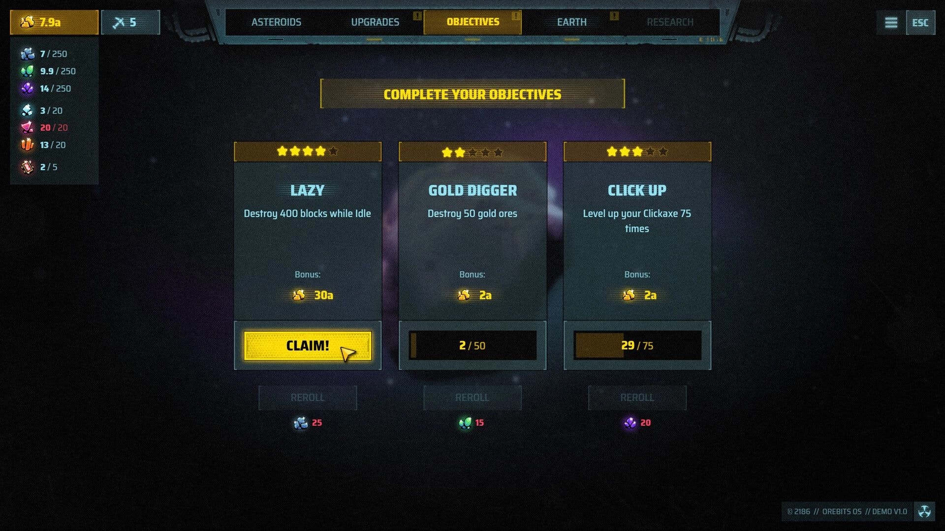 Orebits: Objectives menu with Lazy, Gold Digger, Click Up challenge cards over starry space backdrop.