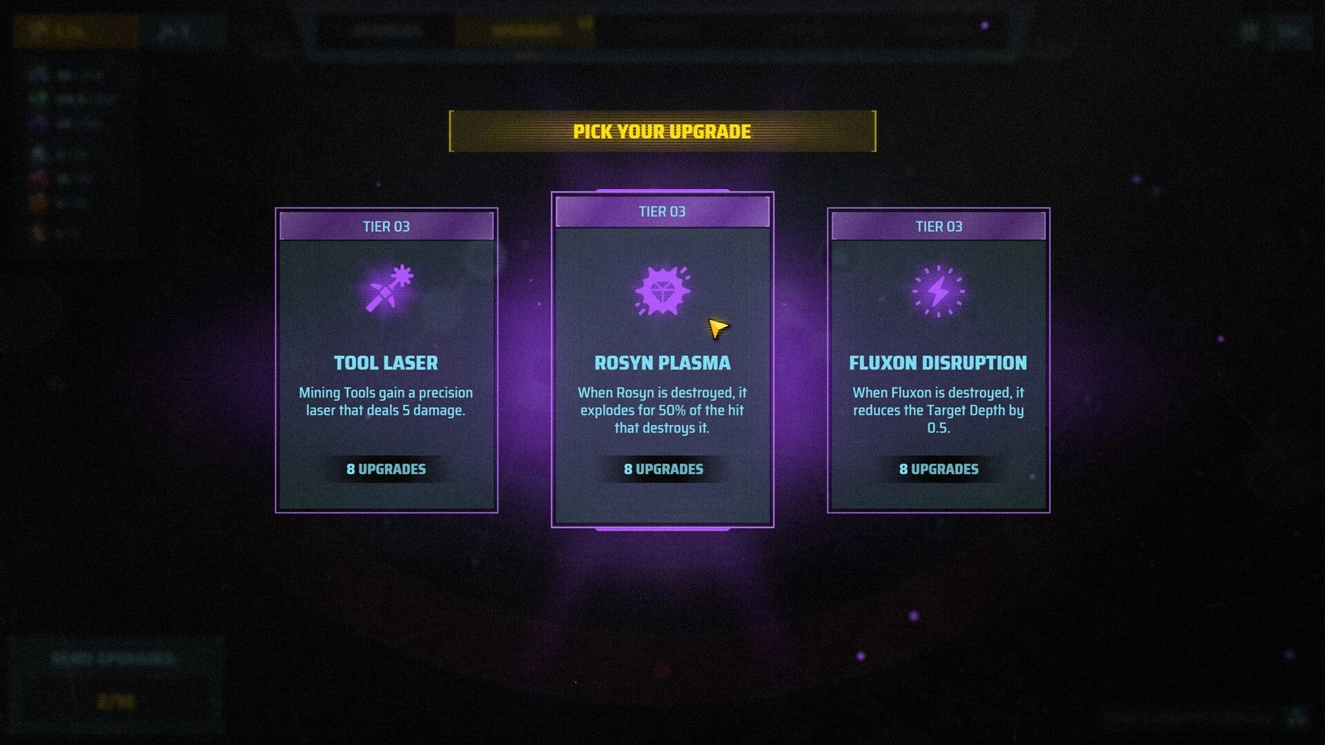 Orebits: Pick Your Upgrade menu with three Tier 03 cards on a purple space backdrop.