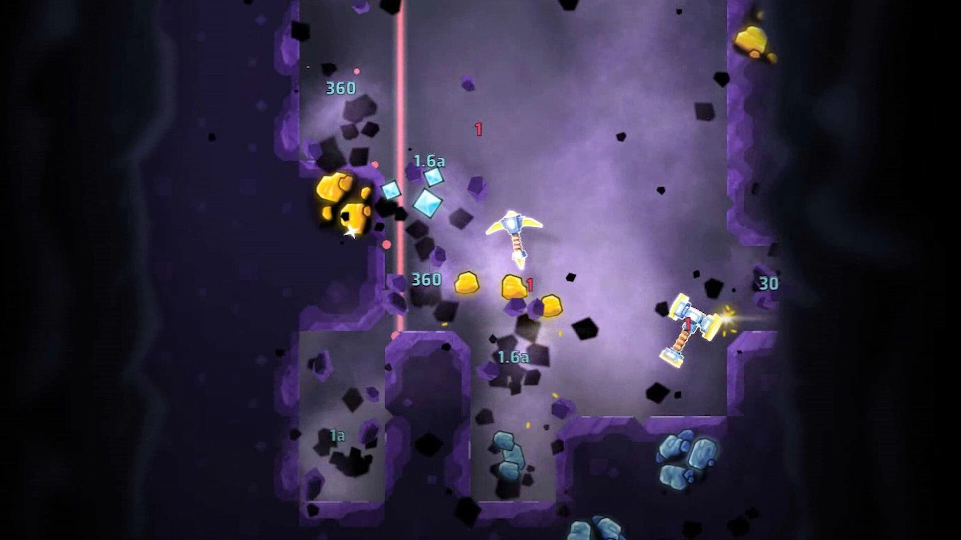 Orebits: Pickaxes ricochet through purple asteroid tunnels, breaking ore chunks with damage numbers floating.