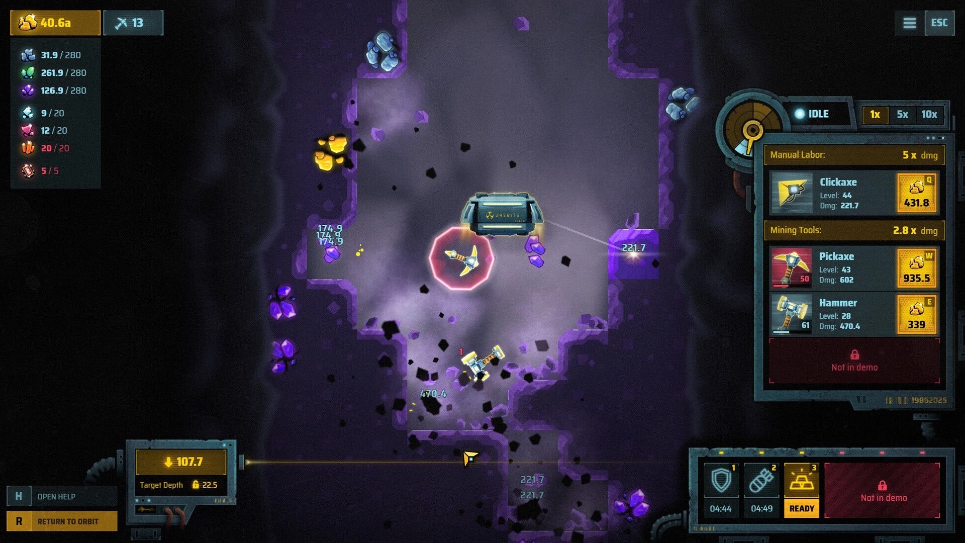Orebits: Pickaxe bounces through purple asteroid tunnel with resource counters and tool upgrade panel UI.