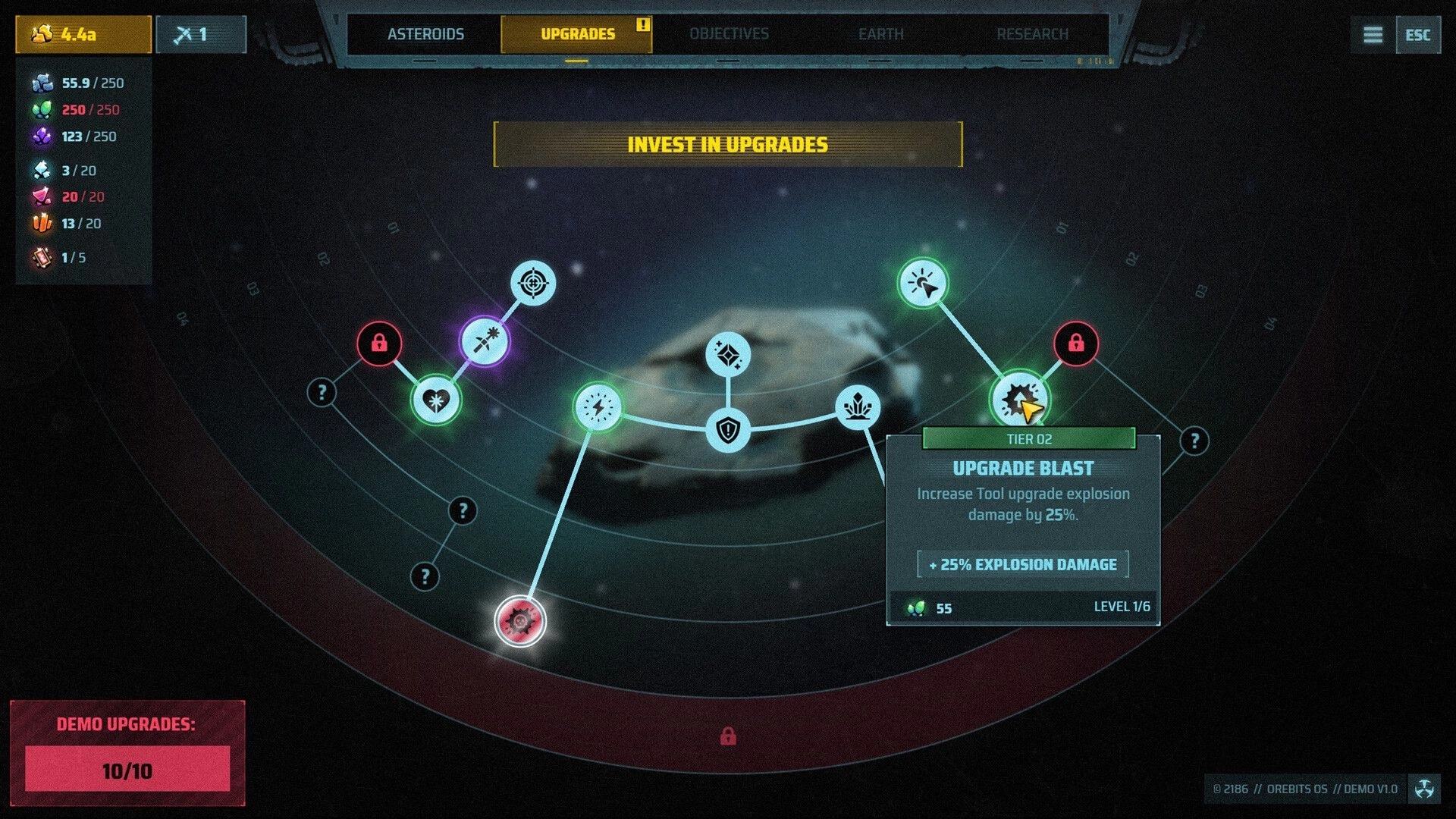 Orebits: Upgrade tech tree screen with connected nodes and Upgrade Blast tooltip over asteroid backdrop.
