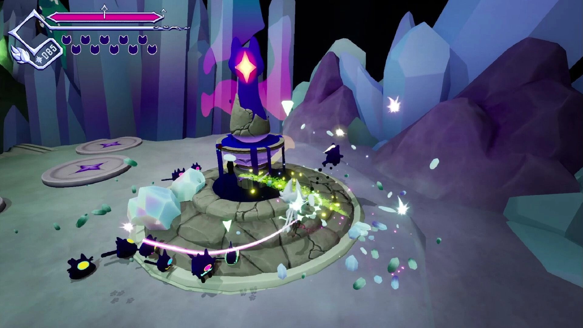 OUTCLAW: Minions encircle mystical pedestal in crystal cave, with health bar and icons visible above.