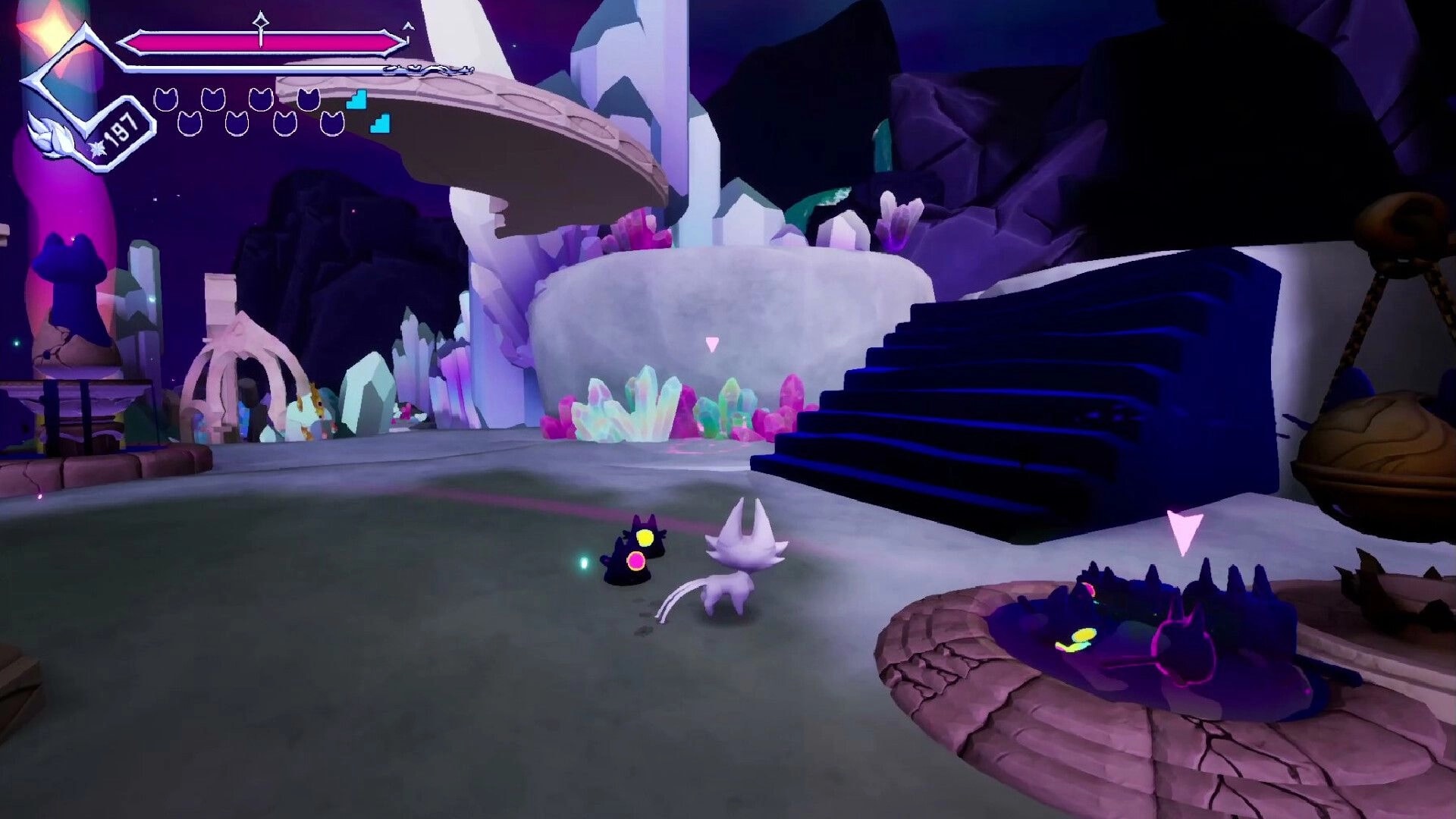 OUTCLAW: Character and minions explore mystical landscape with crystal formations and dark stairs