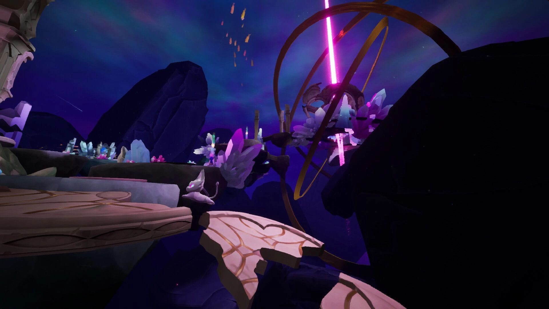 OUTCLAW: Mysterious glowing crystals and floating platforms in a vibrant, otherworldly landscape.