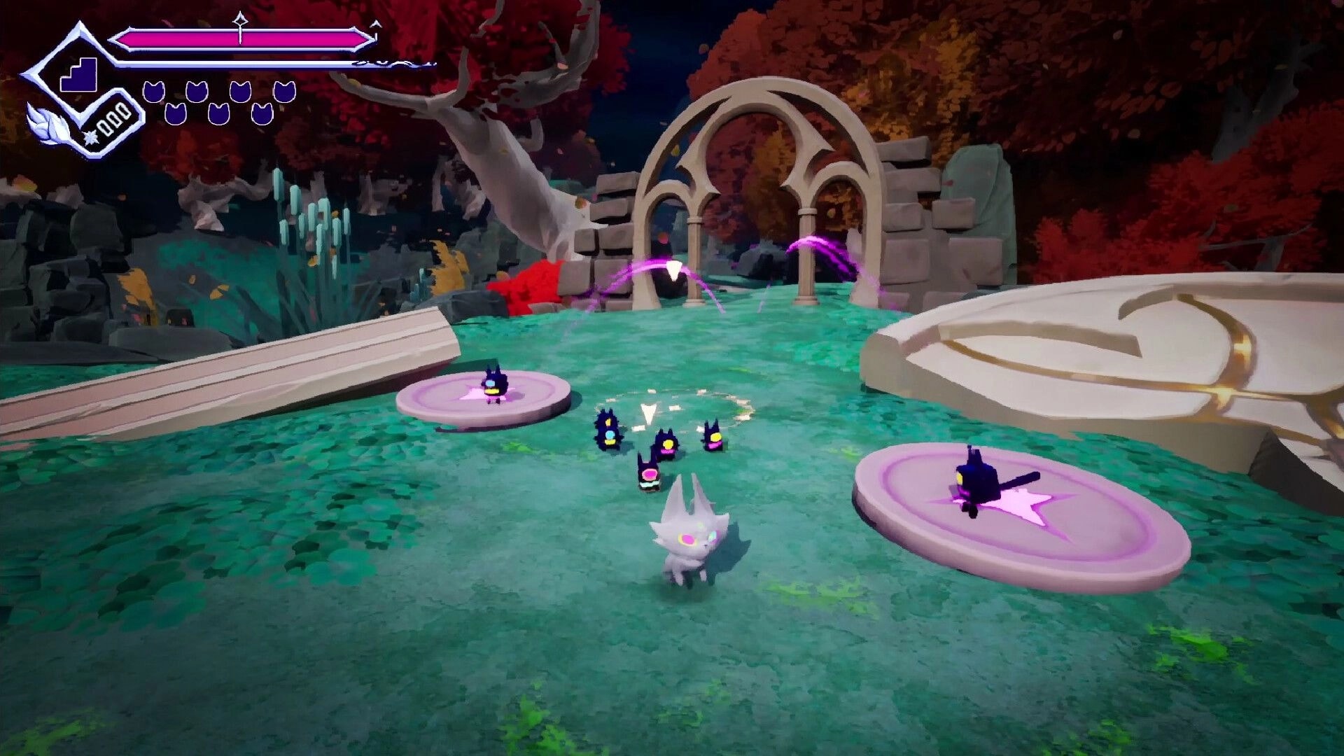 OUTCLAW: Leading minions on a mystical path in a vibrant forest with ancient stone arches and purple glow.