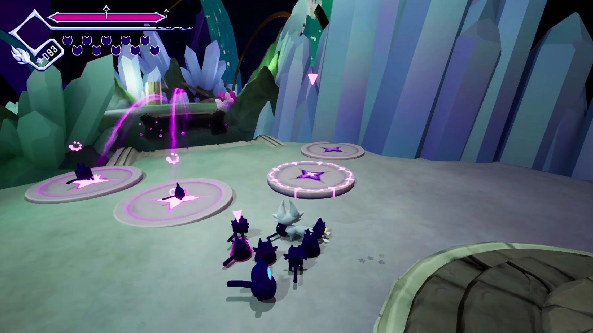 OUTCLAW: Commanding minions on glowing platforms in a crystal cavern environment