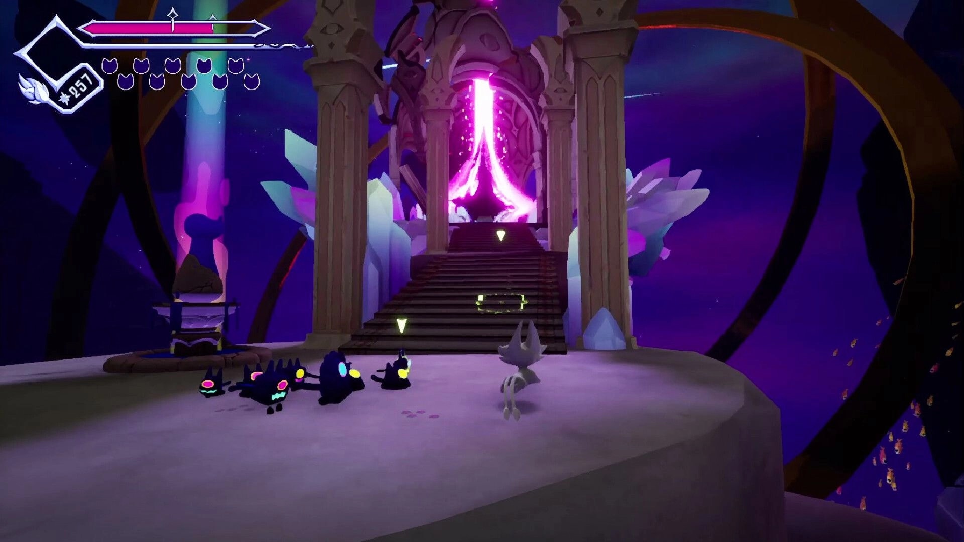 OUTCLAW: Minions and character approach glowing portal in a mystical temple with vibrant colors.