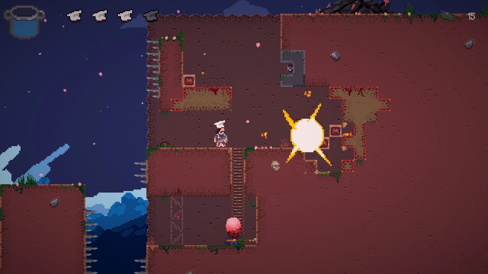 Pablo’s Journey: Chef hero stands on cliff as an explosion hits a red switch in a rocky cave level.