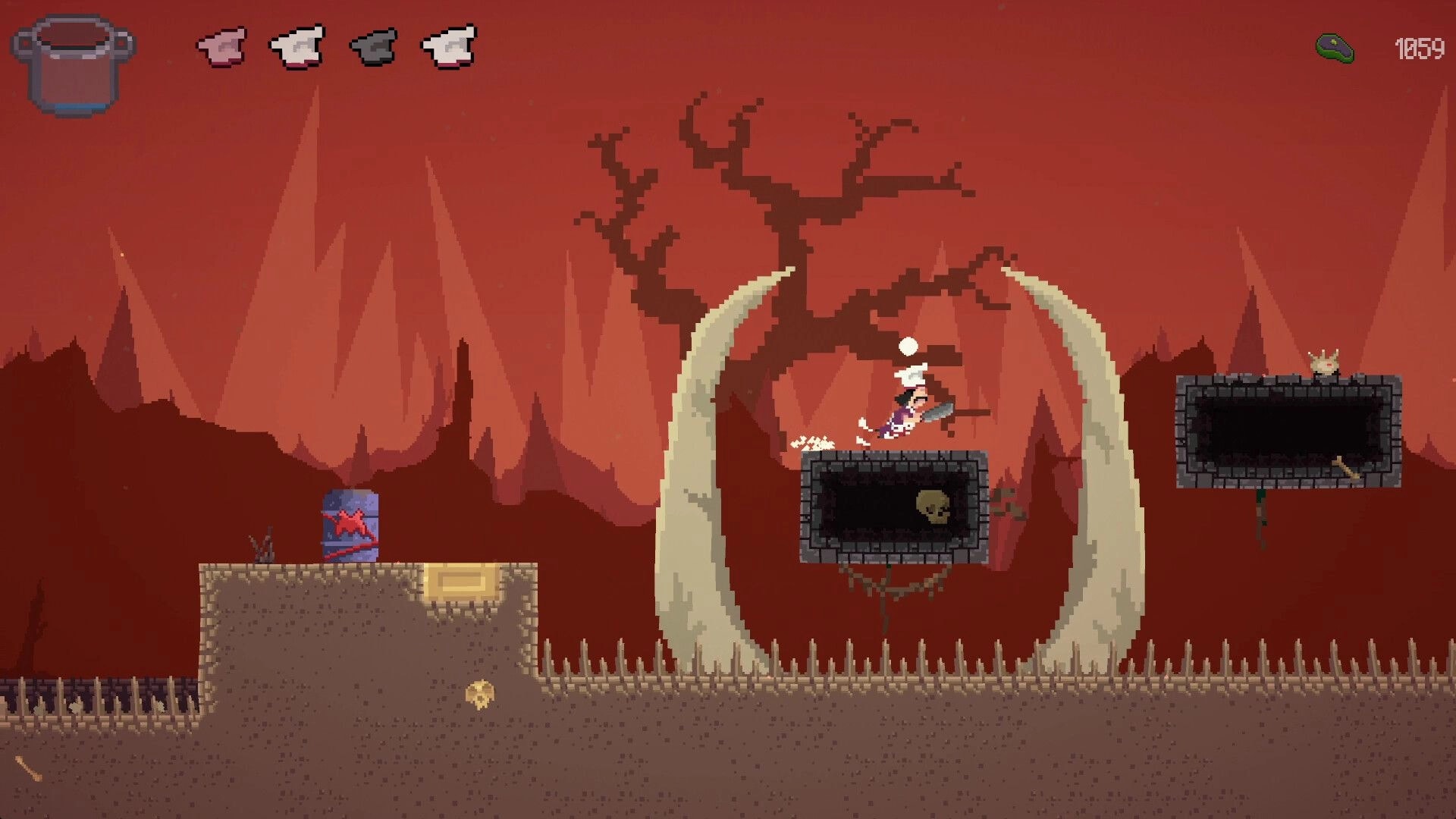 Pablo’s Journey: Pablo jumps between platforms over spikes in a red cavern, health icons and timer visible.