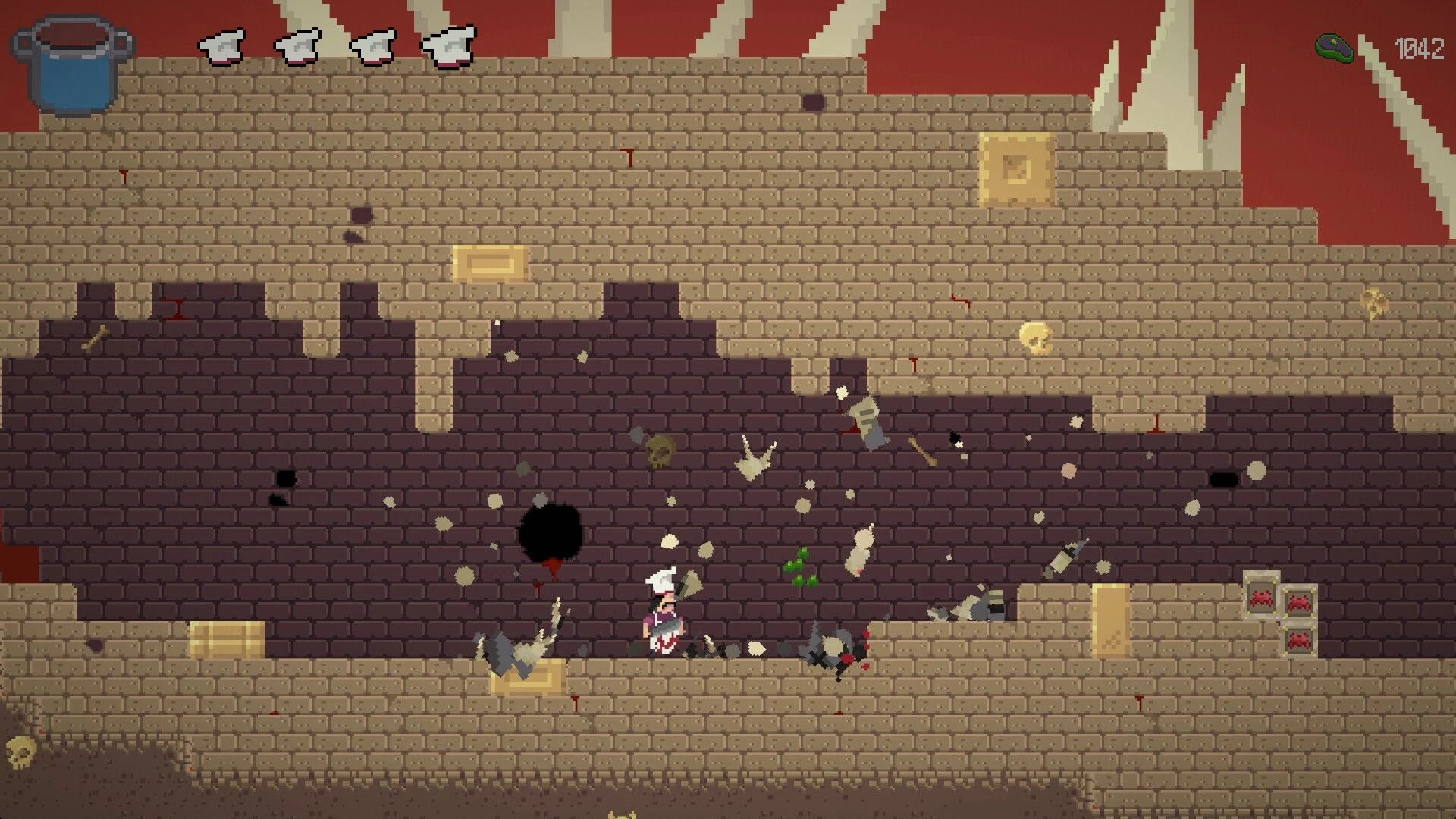 Pablo’s Journey: Chef hero amid debris after an explosion in a brick dungeon corridor, timer UI top right.
