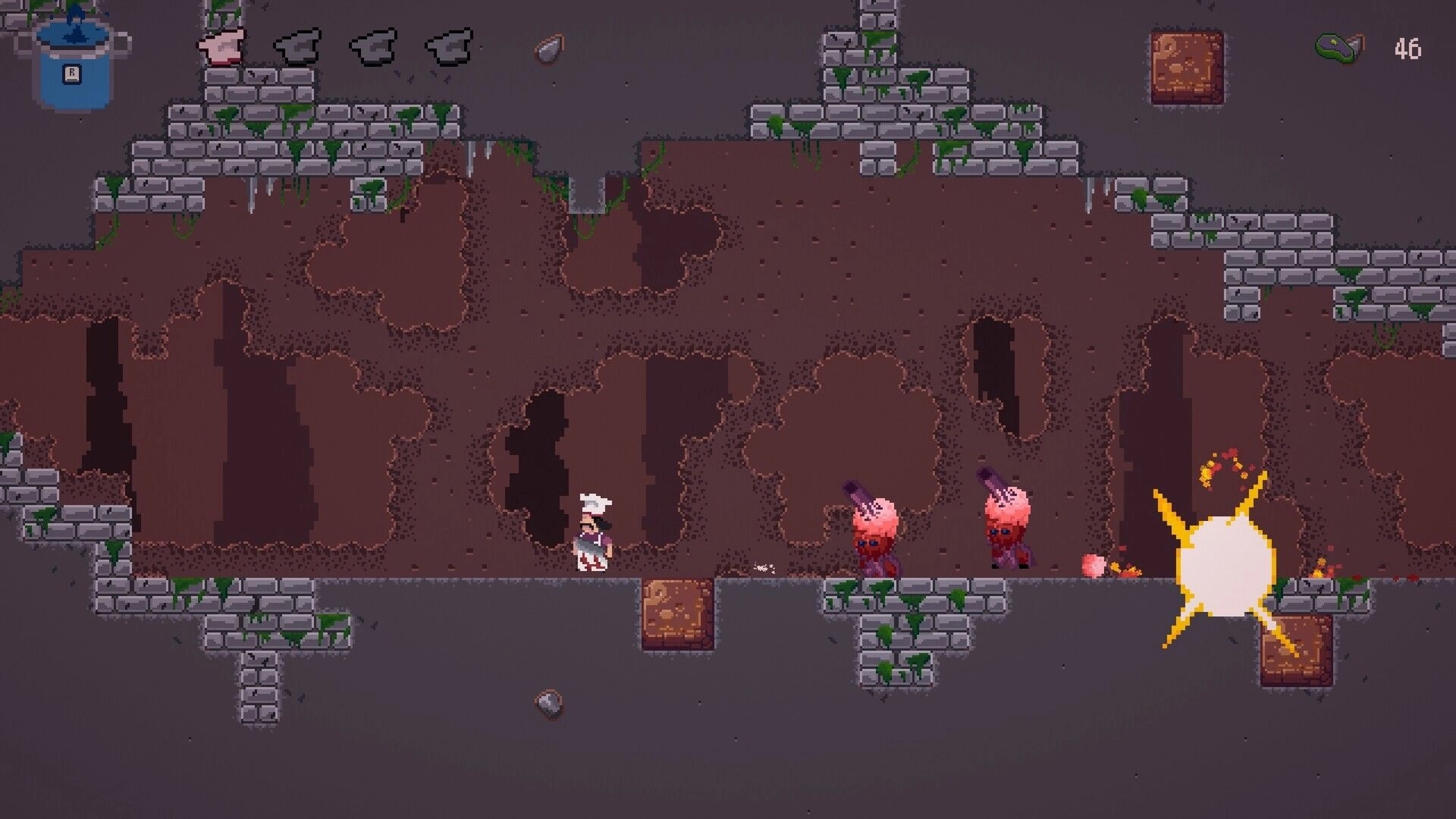 Pablo’s Journey: Chef hero faces two pink monsters in a crumbling cave, meat counter at 46 UI.