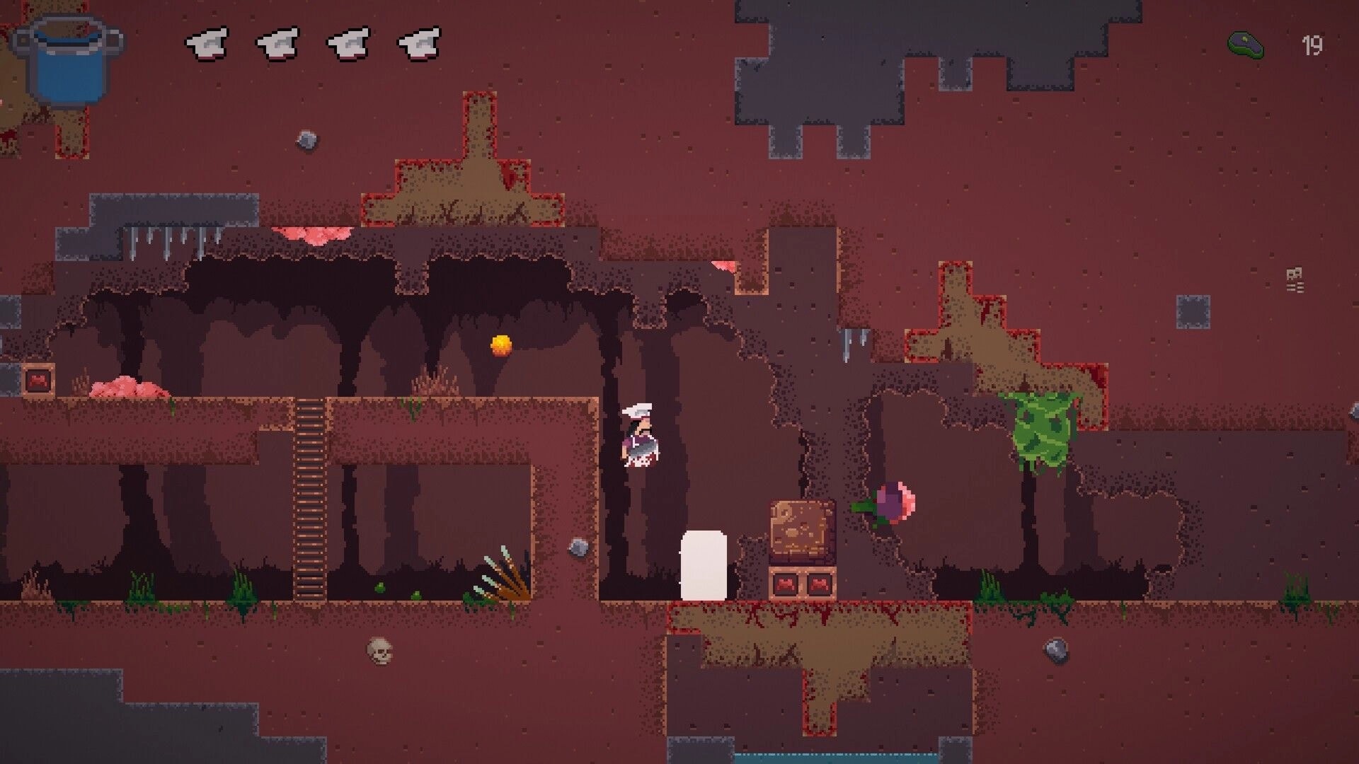 Pablo’s Journey: Chef hero jumps in a cave platformer level with ladders, spikes, and UI hearts.
