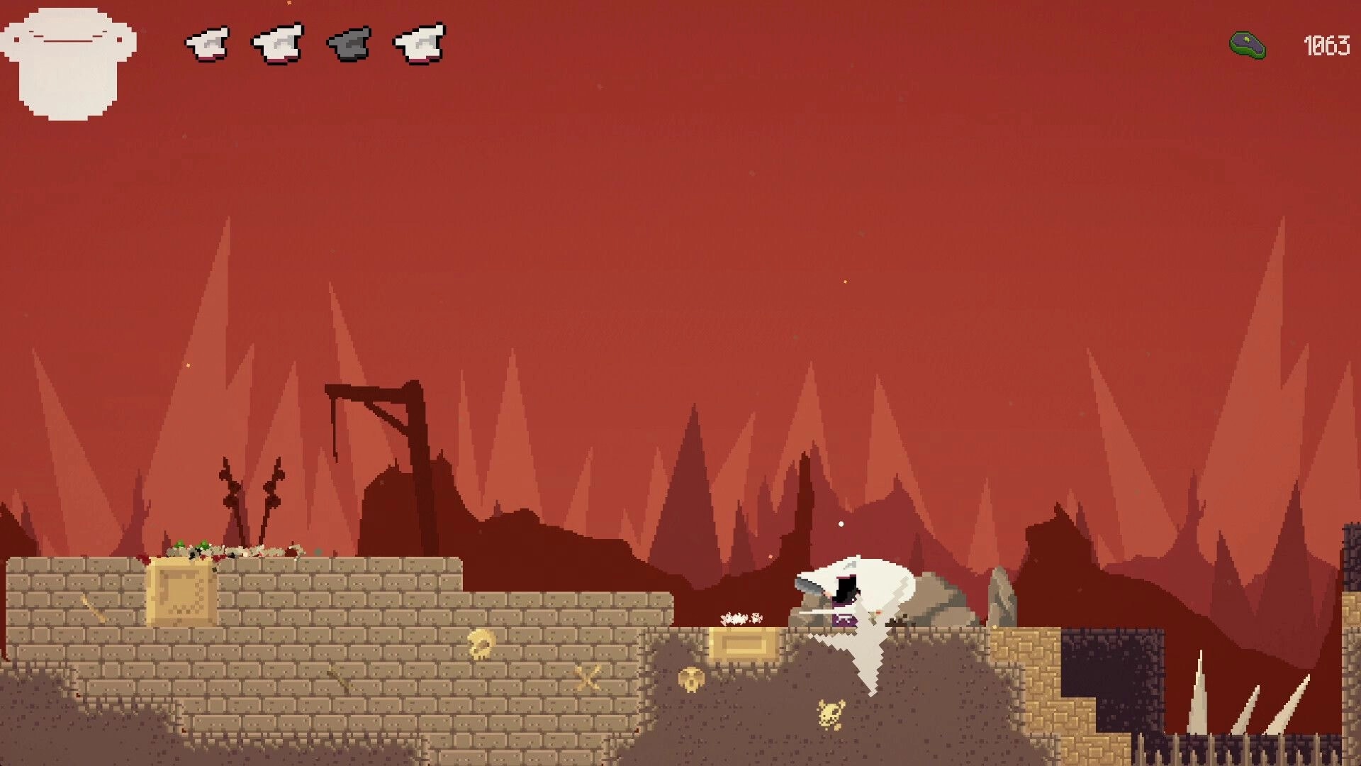 Pablo’s Journey: Hooded hero attacks a white beast in red cavern ruins, hearts and score UI visible.