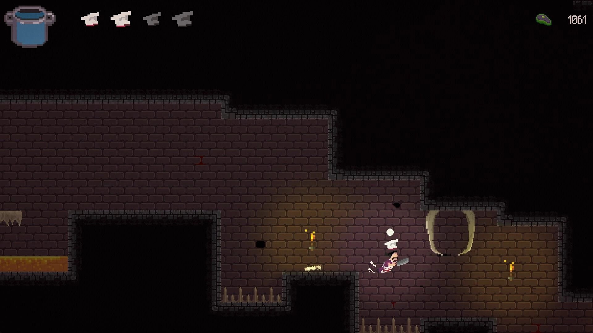 Pablo’s Journey: Pablo dashes past torches and spikes in a brick dungeon corridor, key counter UI visible.