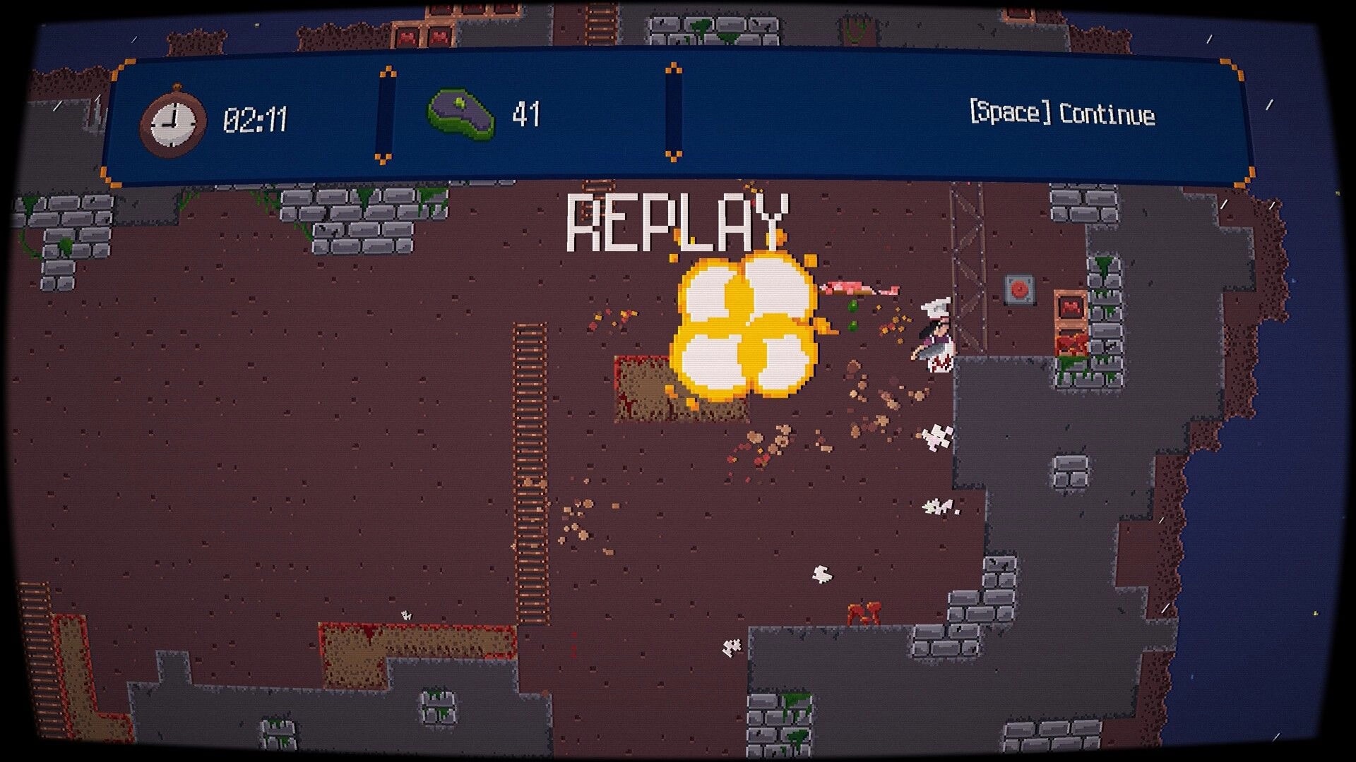 Pablo’s Journey: Replay screen with explosion and timer UI in a rainy stone arena, Space to continue.