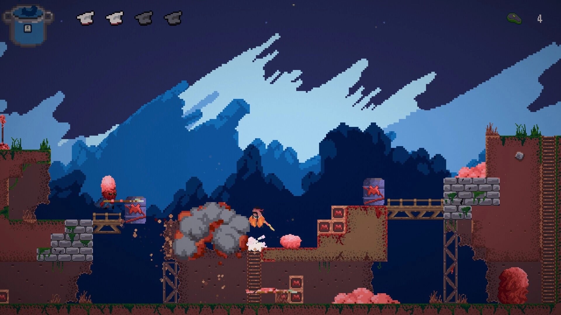 Pablo’s Journey: Midair jump over explosion near ladders and crates in a pixel mountain level HUD visible.