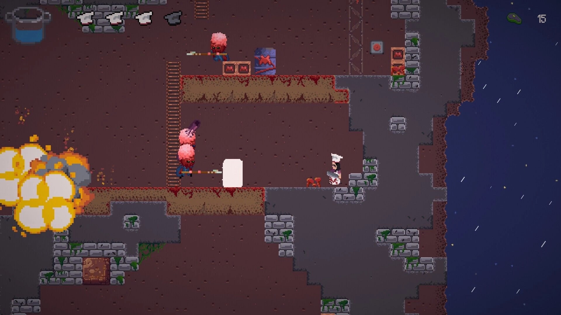 Pablo’s Journey: Spear-wielding enemies on platforms near ladders in a rocky cave, 15 counter UI.