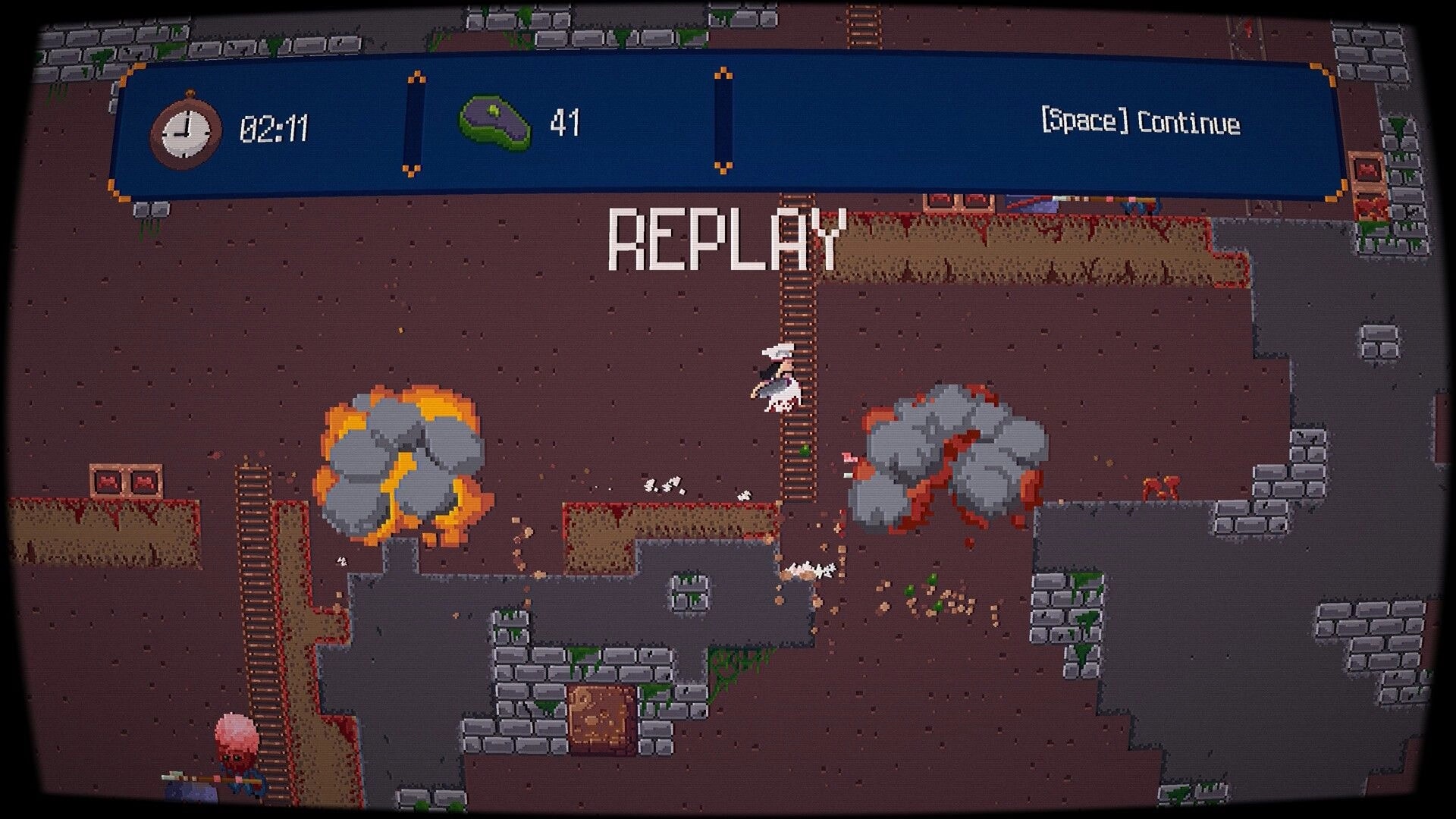 Pablo’s Journey: Replay screen over cavern platforming with ladders, timer 02:11, score 41, Space continue.