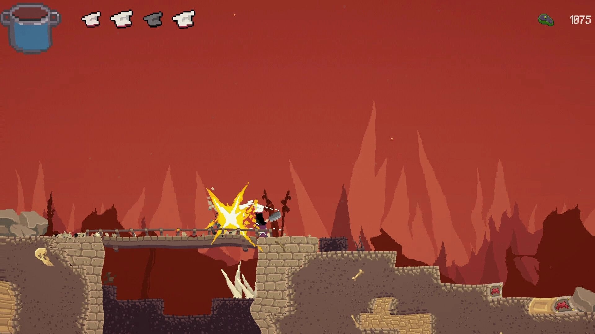 Pablo’s Journey: Hero slashes an enemy on a stone bridge over lava, hearts and score UI above.