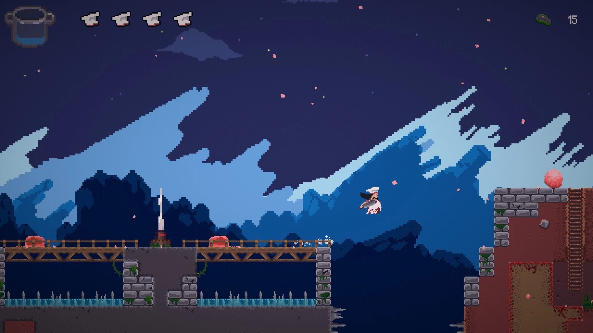 Pablo’s Journey: Pablo jumps over a bridge toward a stone ledge under a starry sky, UI hearts and key 15.