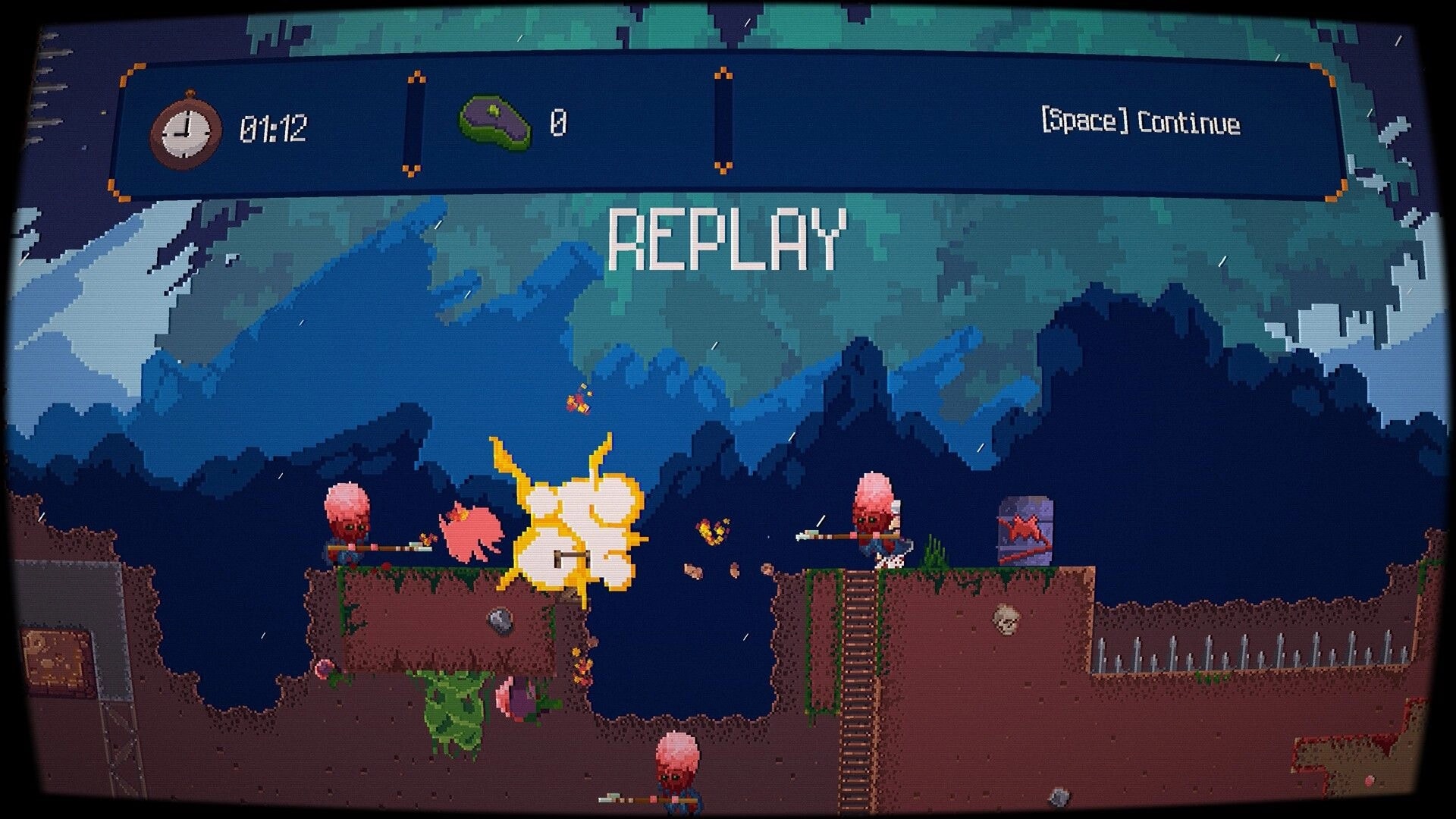Pablo’s Journey: Replay screen with timer and [Space] continue over pixel cave battle scene.