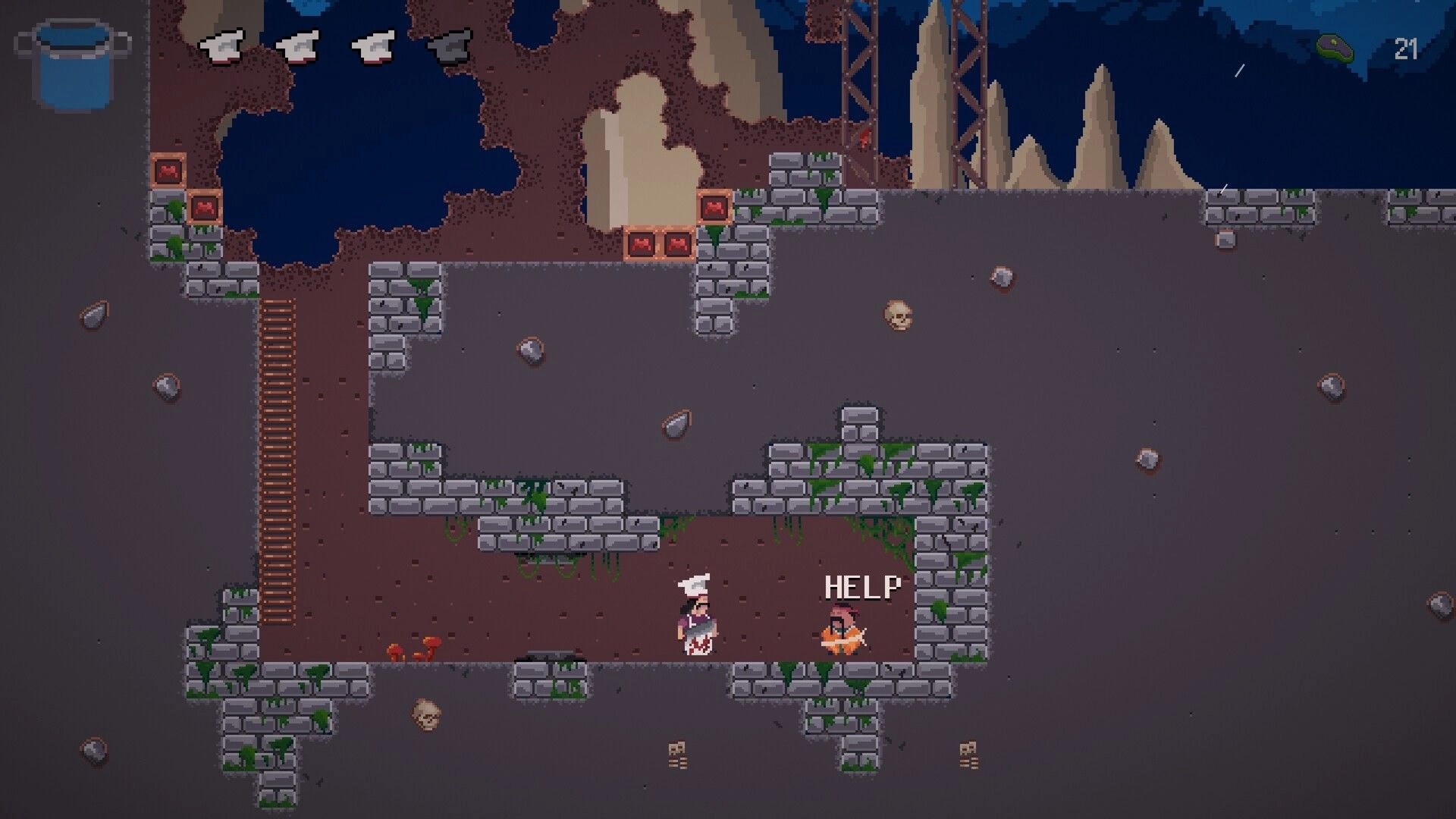 Pablo’s Journey: Pablo approaches a trapped chef yelling HELP in a crumbling underground ruin level UI visible.
