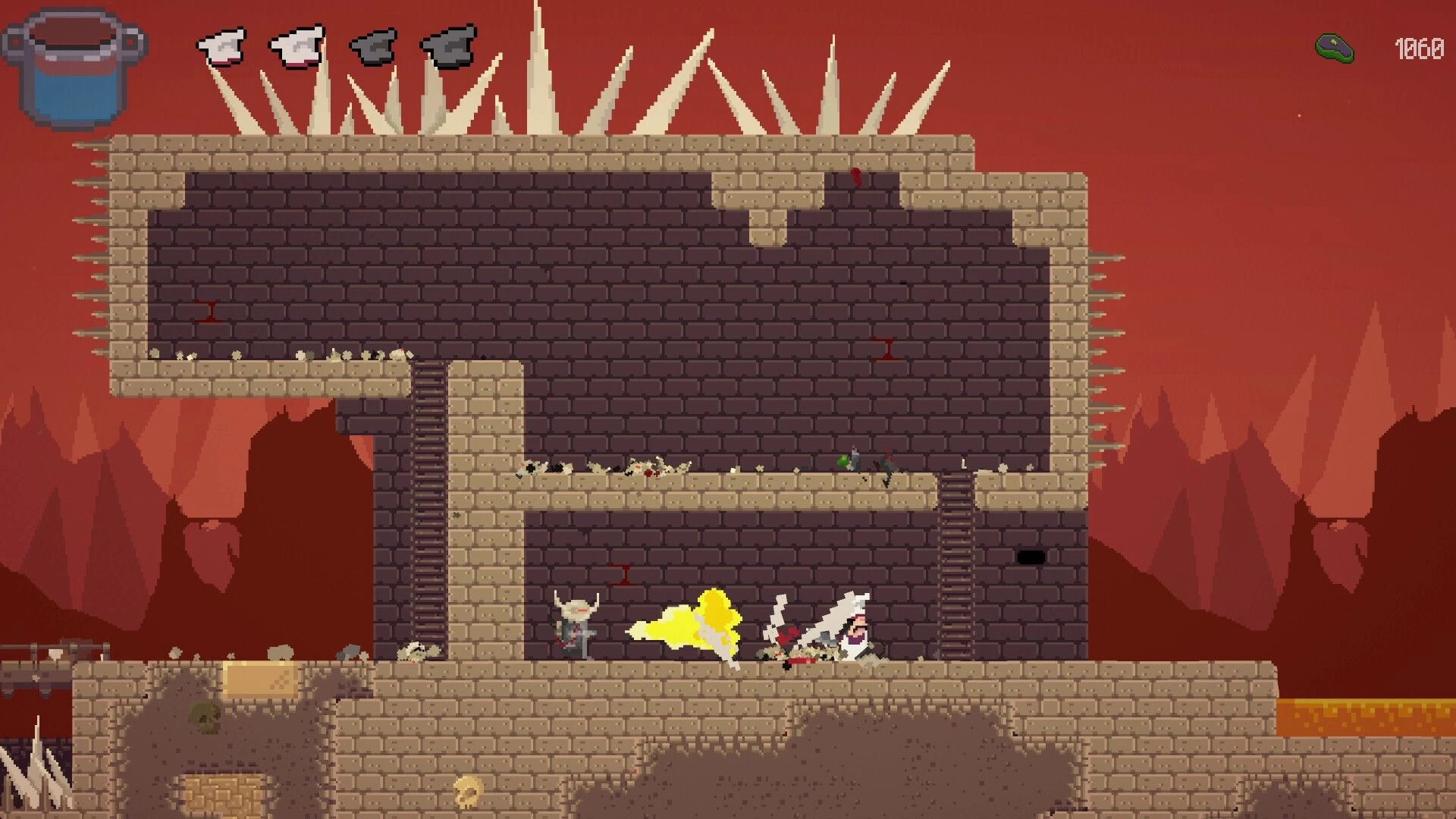 Pablo’s Journey: Sword slash hits an enemy in a spiked brick dungeon with ladders and score UI.